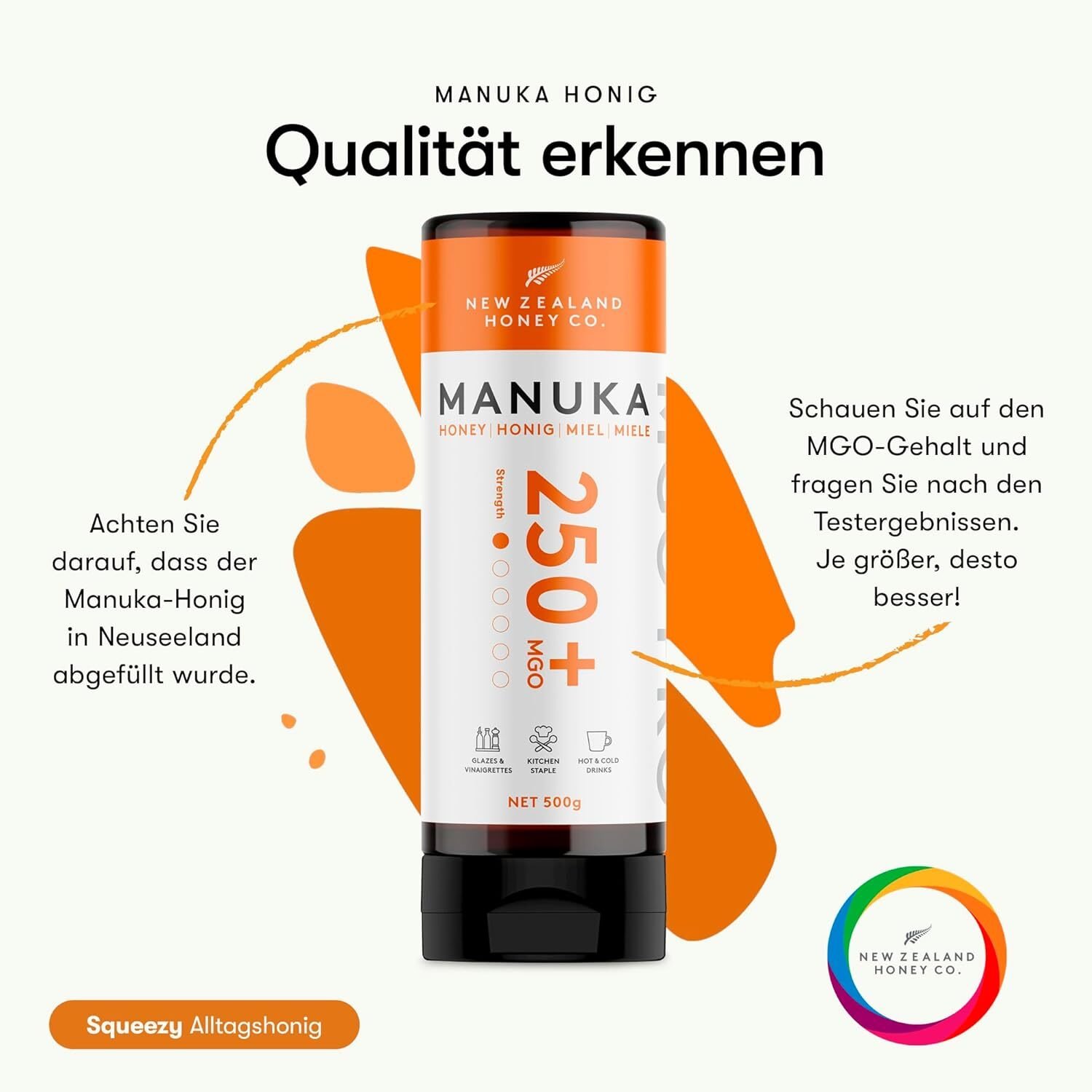 4c727ccd431cdfd318f33eec1bacbf04.jpg 500 g New Zealand Honey Co Manuka Honig MGO 250+ – Roh & Aktivhonig in praktischer Quetschflasche