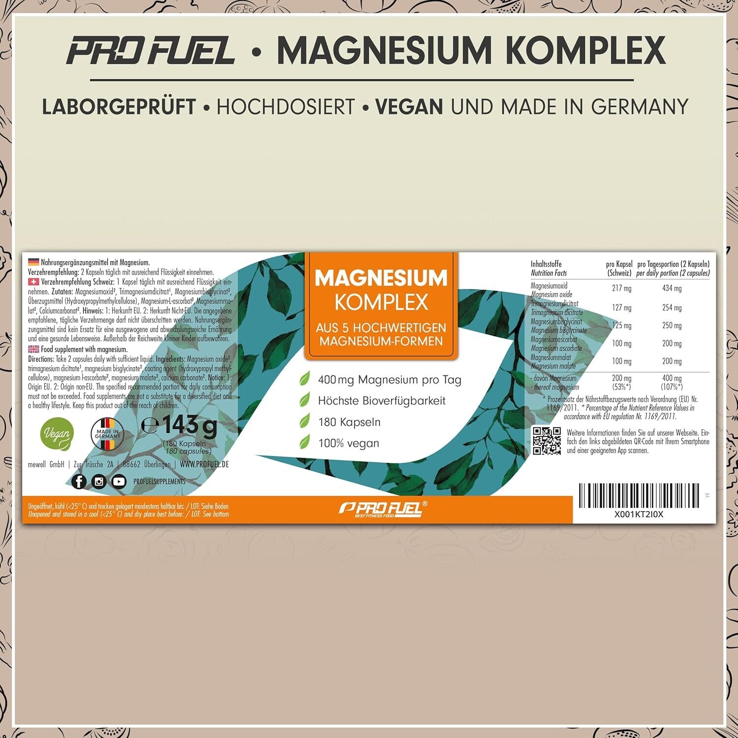 180 Kapseln ProFuel Magnesium Komplex – 400 mg täglich, 5 Magnesiumformen, vegan & hochdosiert