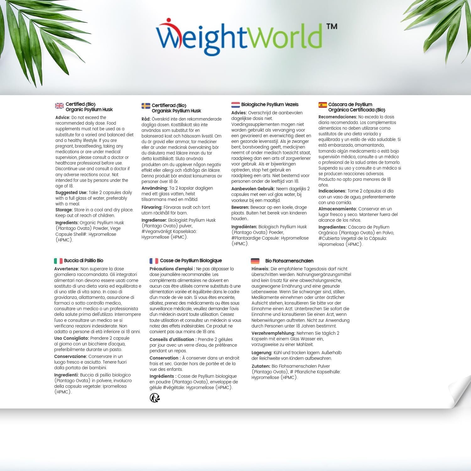 180 Stück WeightWorld Bio Flohsamenschalen 1400 mg – Hochdosiert, vegan, laborgeprüft, glutenfrei & ohne Zusatzstoffe