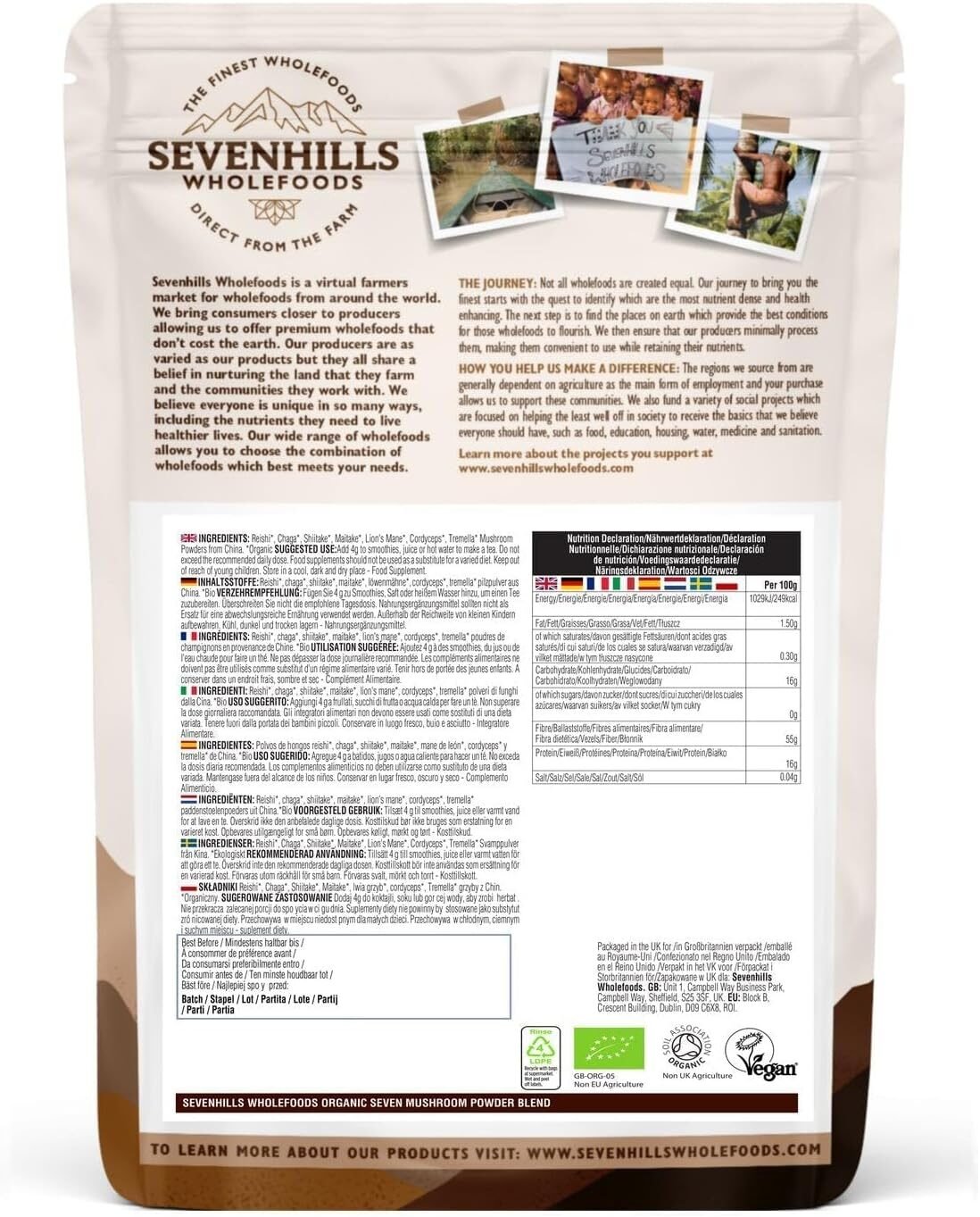 200 g Sevenhills Wholefoods Bio 7 Pilz Pulver – Reishi, Shiitake, Chaga & mehr | Naturrein & vegan