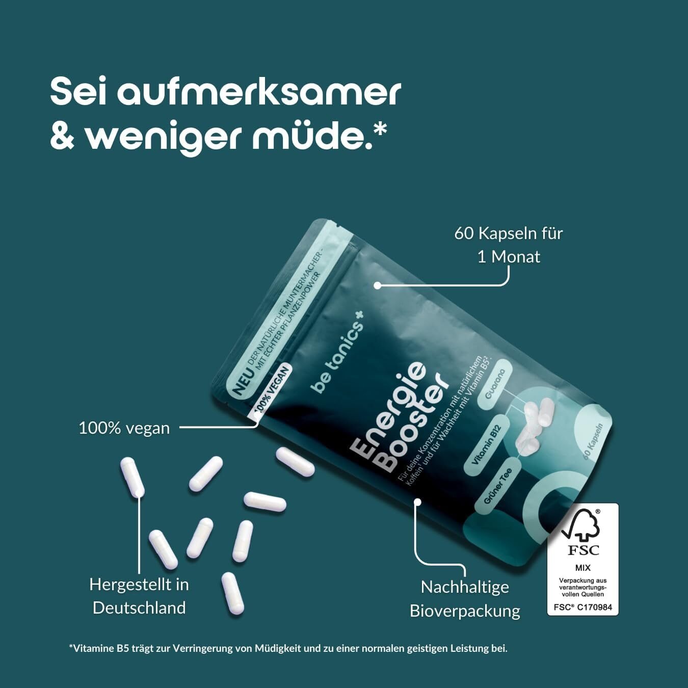 Be Tanics Energie Booster 60 Kapseln – Ultimative Vegan Energieformel mit pflanzlichem Koffein & Vitamin B5