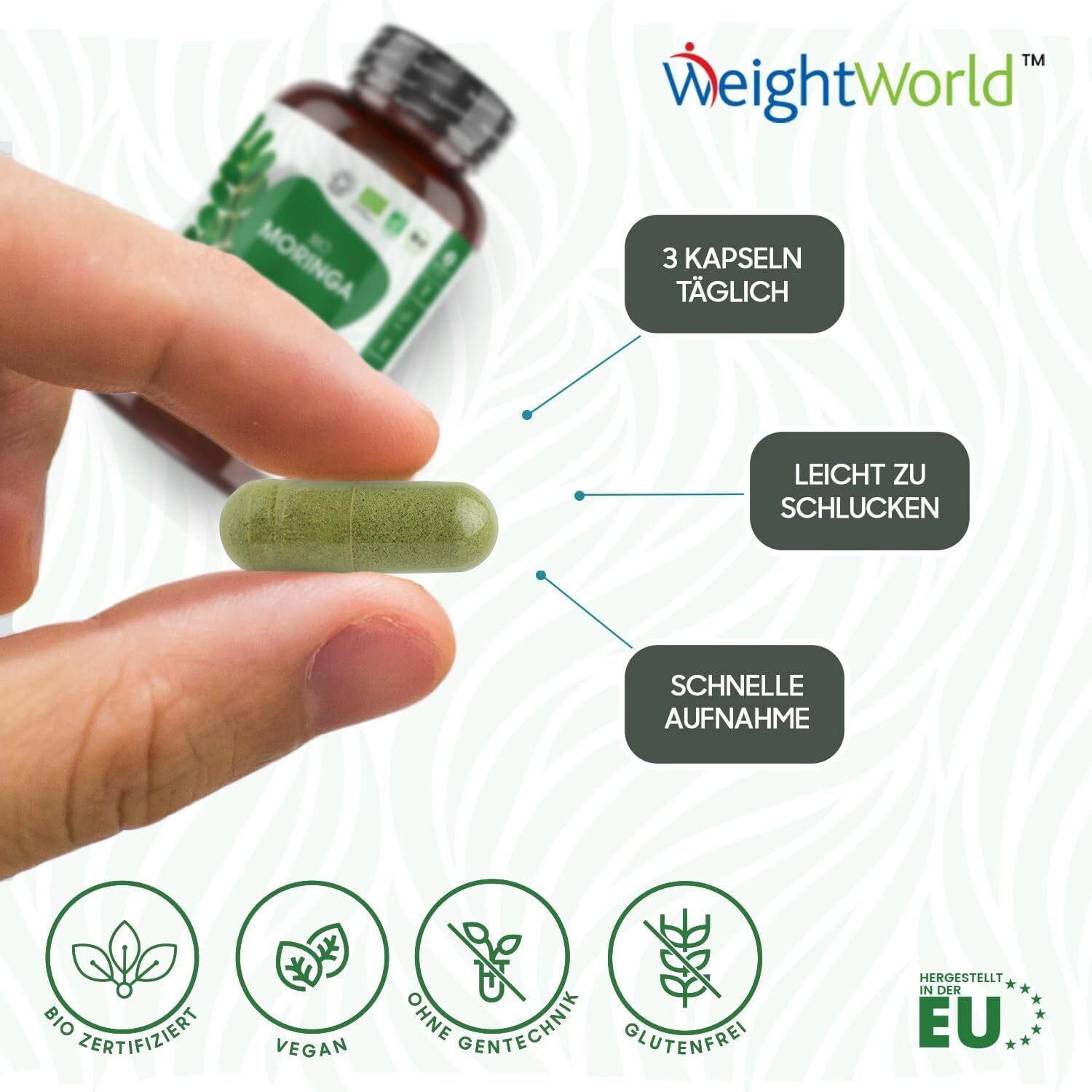180 Stück WeightWorld Bio Moringa Kapseln – 1650 mg, vegan, ohne Zusatzstoffe, laborgeprüft, 2-Monatsvorrat