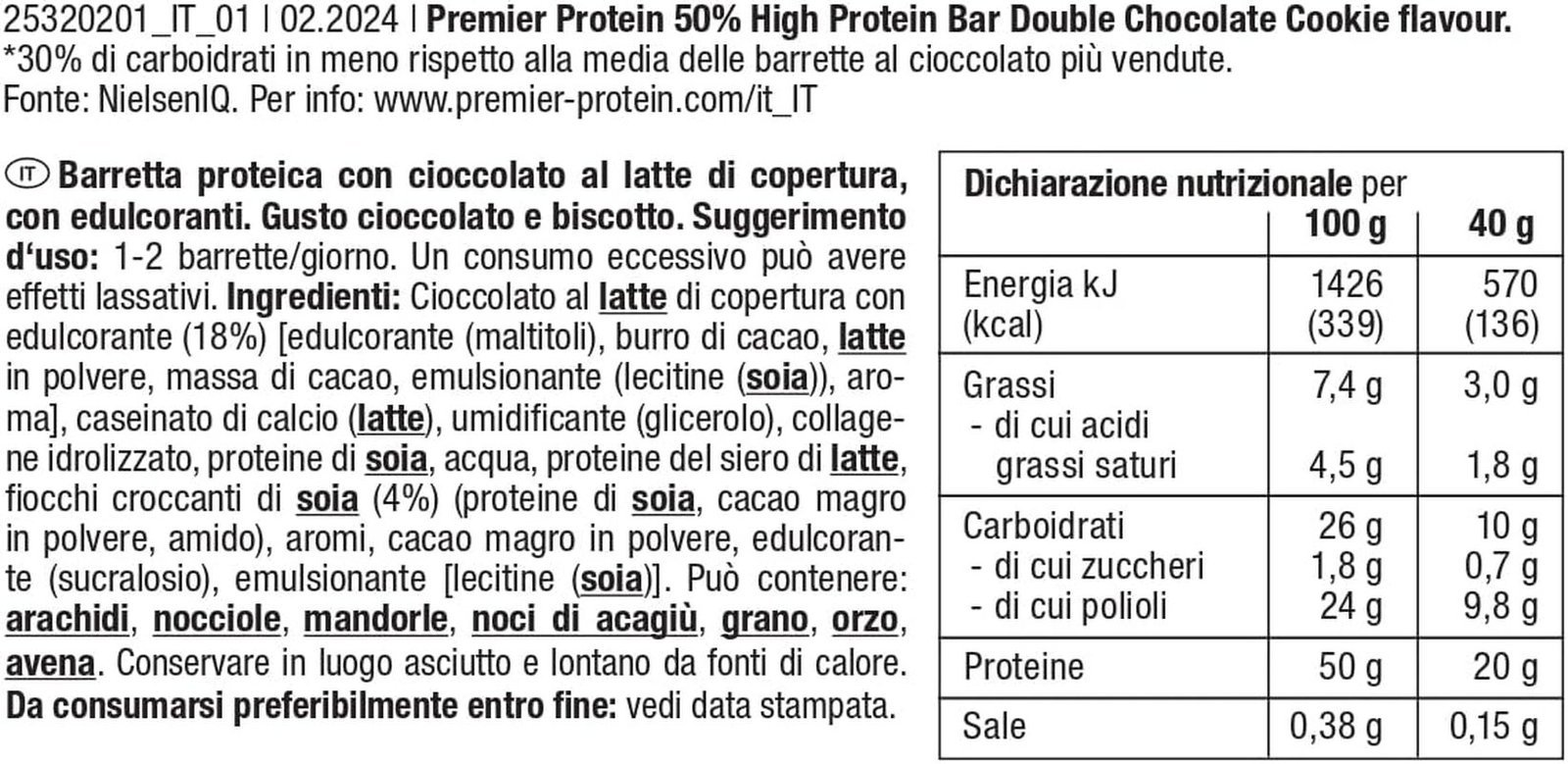 16×40 g Premier Protein High Protein Bar – Chocolate Caramel, 50 % Protein, Low Carb, ohne Palmöl