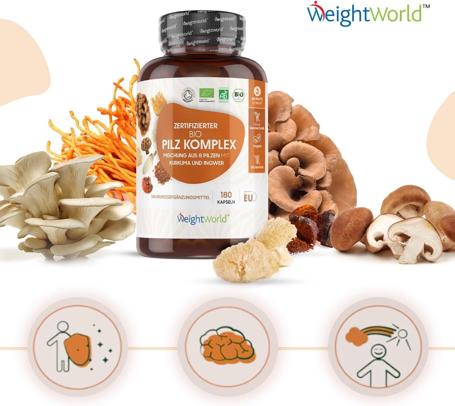 180 Stück WeightWorld BIO Pilz Komplex – 1000 mg, 8 Pilze, hochdosiert, vegan, ohne Zusatzstoffe, laborgeprüft