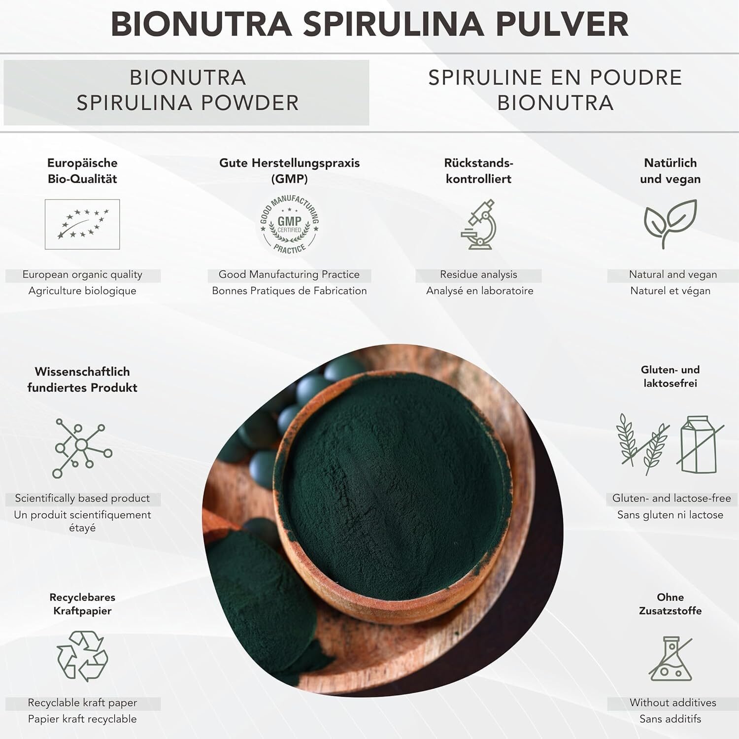 5b85996ade744382804f91391c7fe41f.jpg 250 g BIONUTRA Bio Spirulina Pulver – Rückstandskontrolliert, vegan, EU-ÖKO, ohne Zusätze