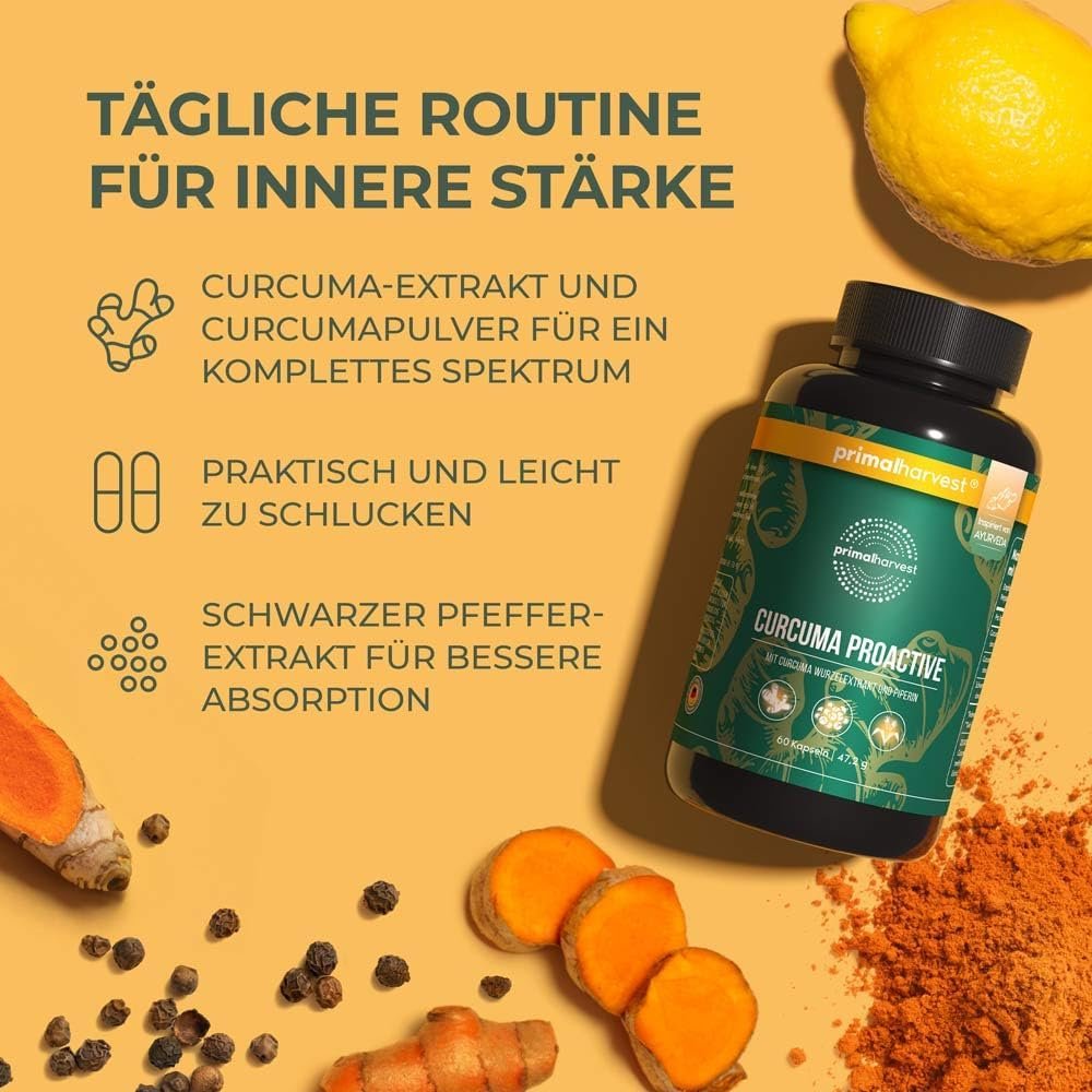618htr-ktHL._AC_SL1000_ Primal Harvest Curcuma Proactiv – Ultimative Hochwirksames Curcuma mit BioPerine® – 60 Kapseln Made in Germany