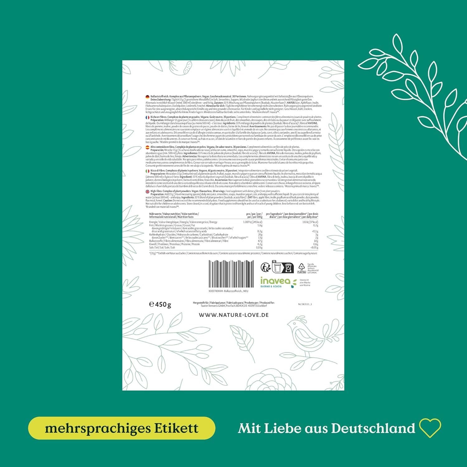 6210c3888d4700f6585e10b440eca004.jpg 450 g NATURE LOVE Ballaststoffreich – Mit Flohsamenschalen, Inulin, Akazienfaser & Hafer, vegan & laborgeprüft