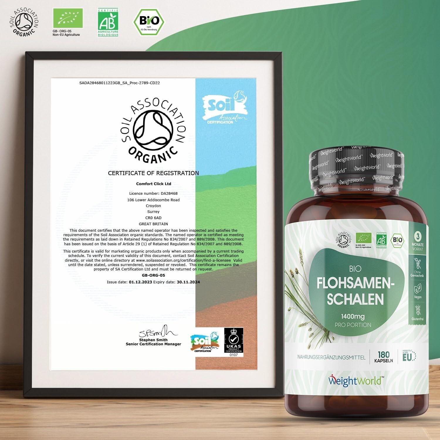 180 Stück WeightWorld Bio Flohsamenschalen 1400 mg – Hochdosiert, vegan, laborgeprüft, glutenfrei & ohne Zusatzstoffe