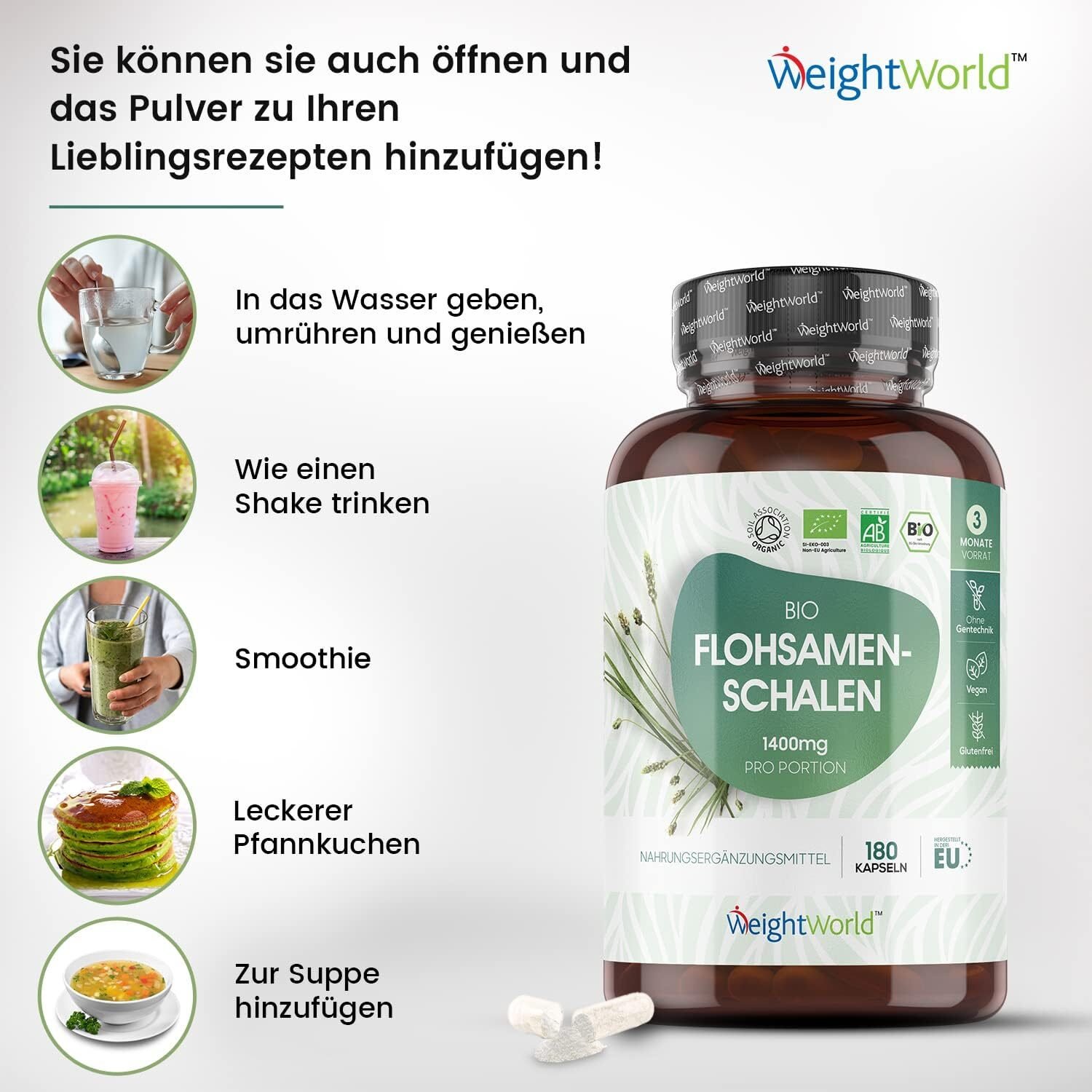 180 Stück WeightWorld Bio Flohsamenschalen 1400 mg – Hochdosiert, vegan, laborgeprüft, glutenfrei & ohne Zusatzstoffe