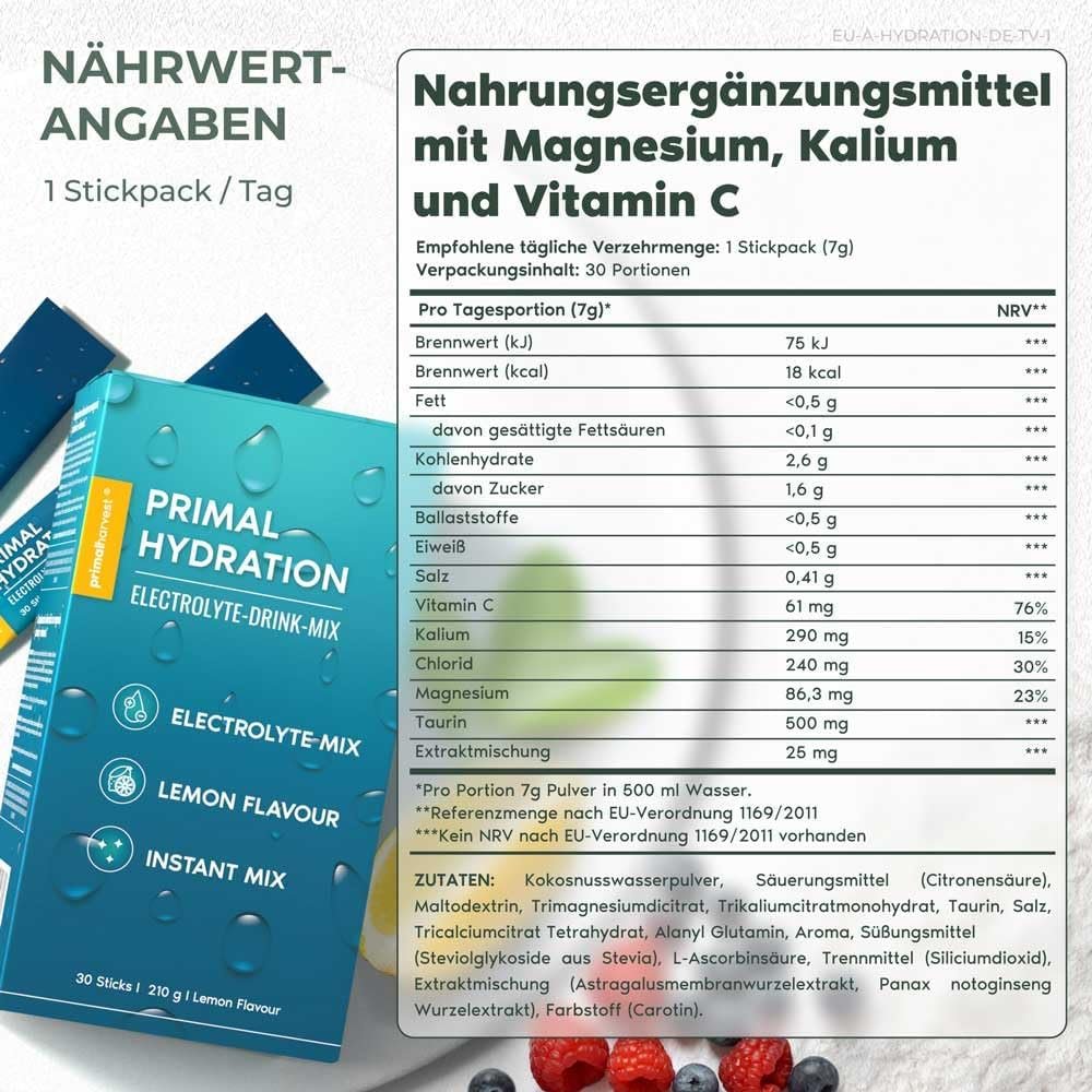 Primal Harvest Hydration Pulver – Ultimativer Elektrolyt-Komplex mit Magnesium, Kalium & Vitamin C – 30 Portionen