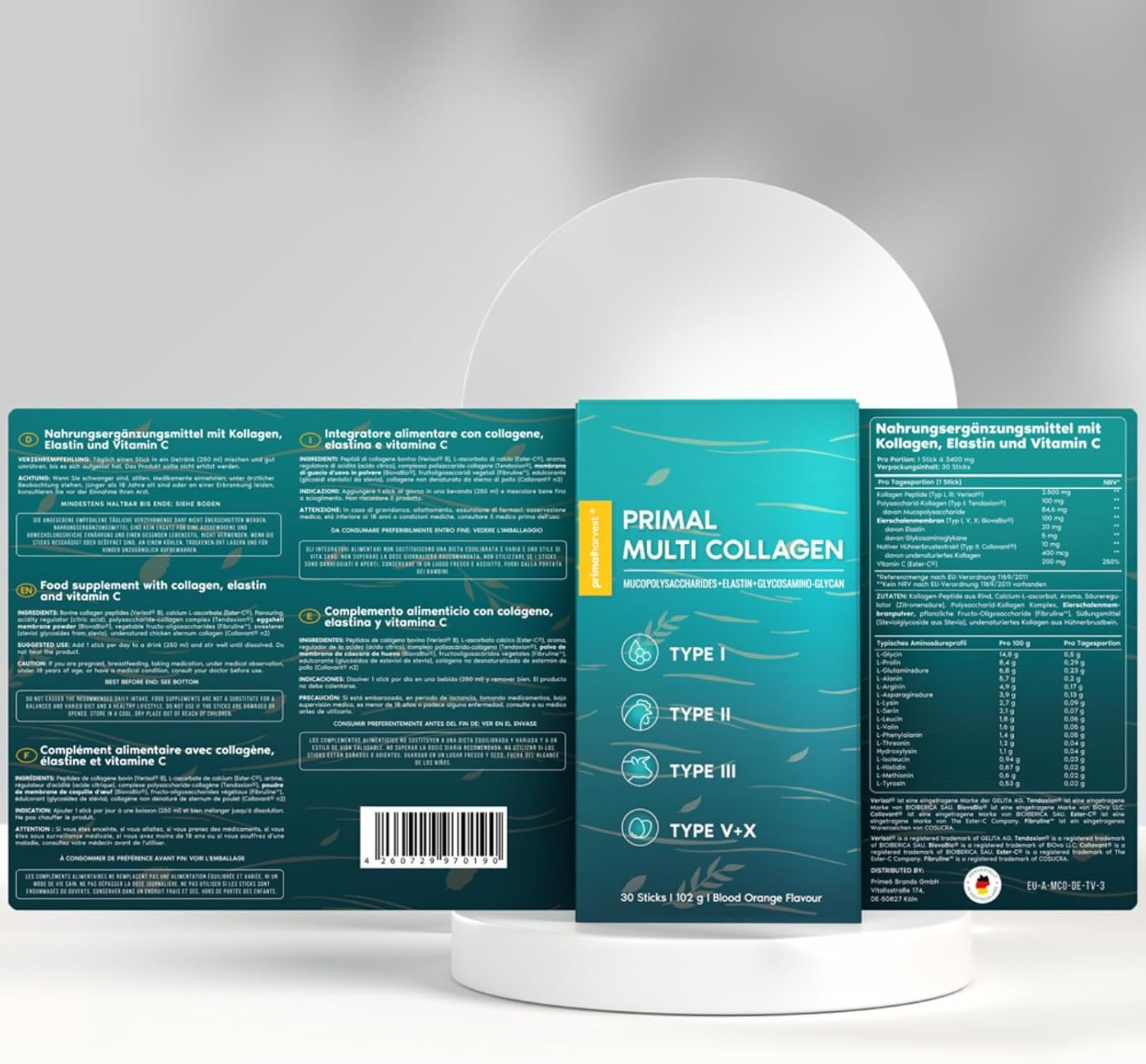 Primal Harvest Multi Collagen Sticks – Ultimativer Kollagen Komplex mit 5 Typen – 30 Portionen mit Blutorangen-Geschmack