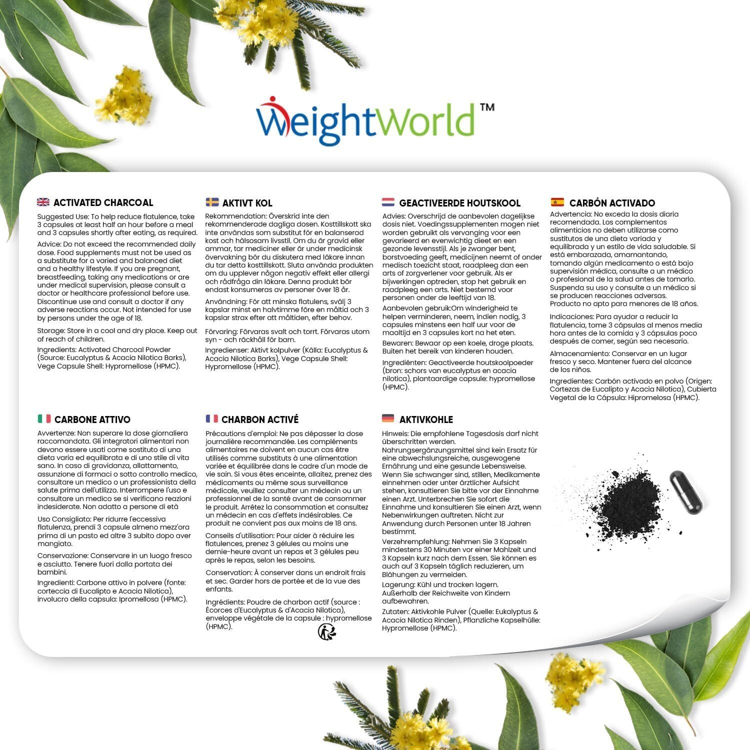 180 Stück WeightWorld Aktivkohle Kapseln 2.000 mg – Aus Eukalyptus & Acacia, vegan, hochdosiert, ohne Zusatzstoffe