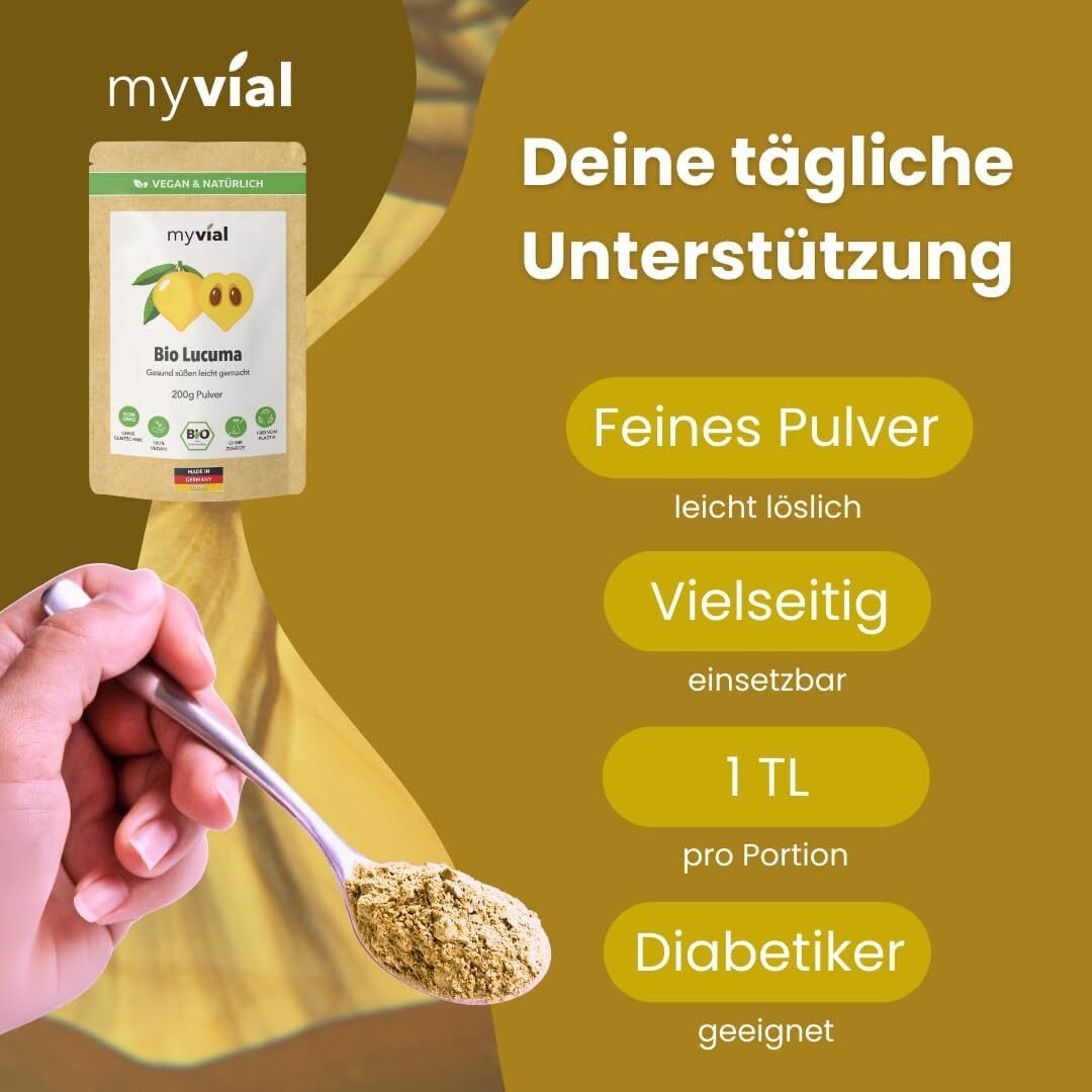 77cee880e36f53c3d19bfb549d609b3d.jpg 200 g myvial Bio Lucuma Pulver – 100 % naturbelassen, Rohkostqualität, vegan, ohne Zusatzstoffe