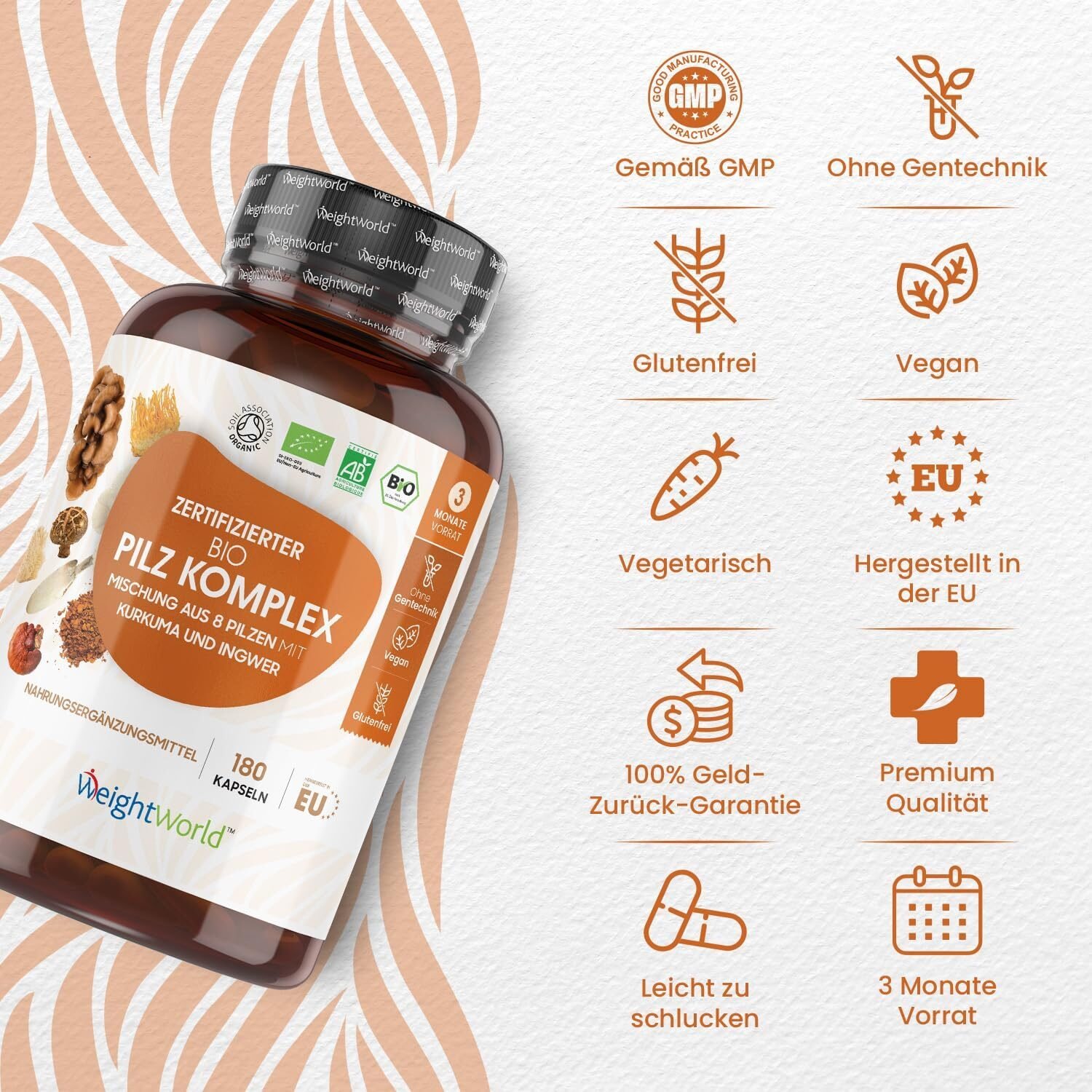 180 Stück WeightWorld BIO Pilz Komplex – 1000 mg, 8 Pilze, hochdosiert, vegan, ohne Zusatzstoffe, laborgeprüft