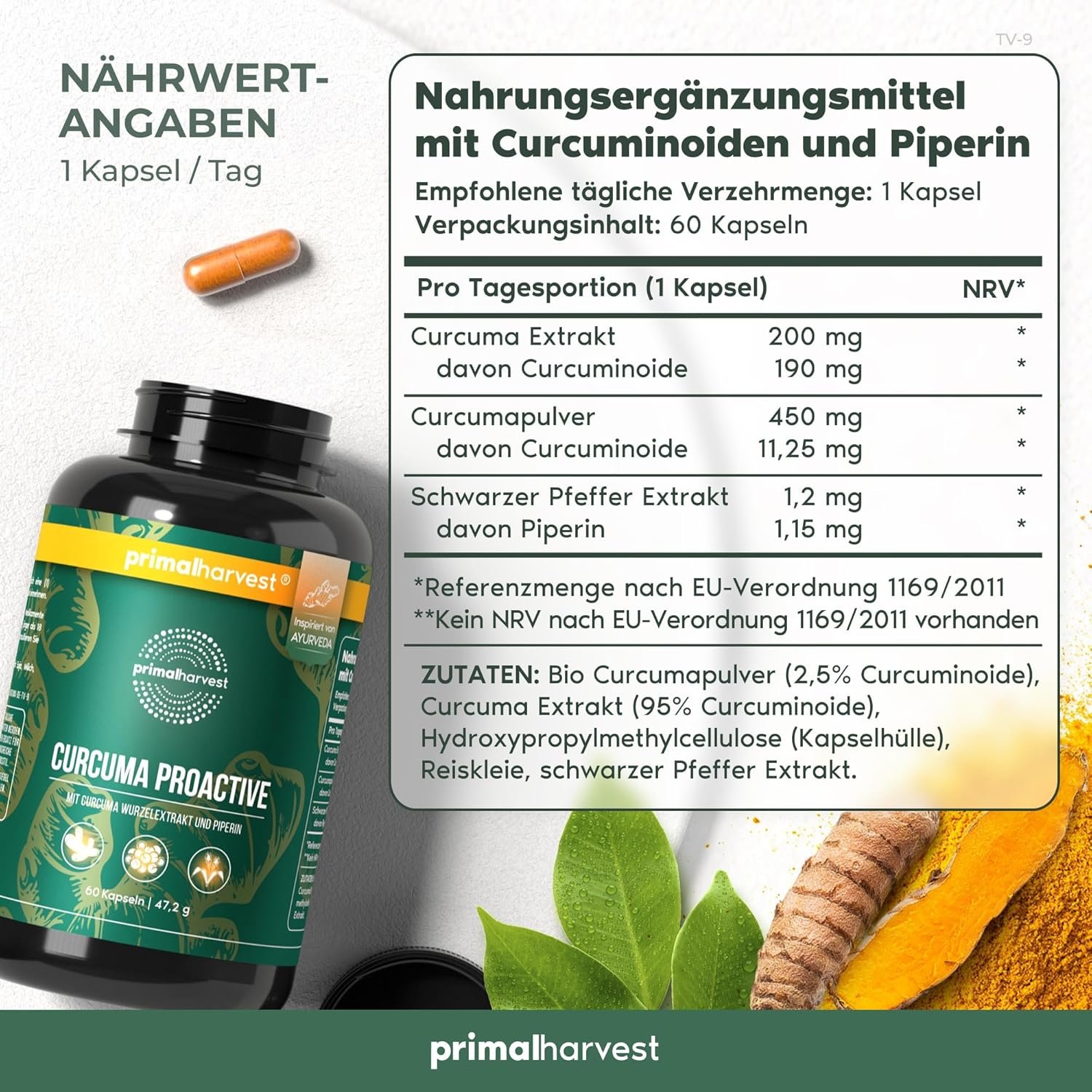 81cCOAY4wSL._AC_SL1500_ Primal Harvest Curcuma Proactiv – Ultimative Hochwirksames Curcuma mit BioPerine® – 60 Kapseln Made in Germany