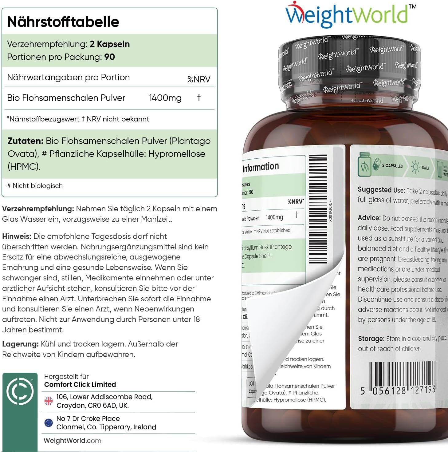 180 Stück WeightWorld Bio Flohsamenschalen 1400 mg – Hochdosiert, vegan, laborgeprüft, glutenfrei & ohne Zusatzstoffe