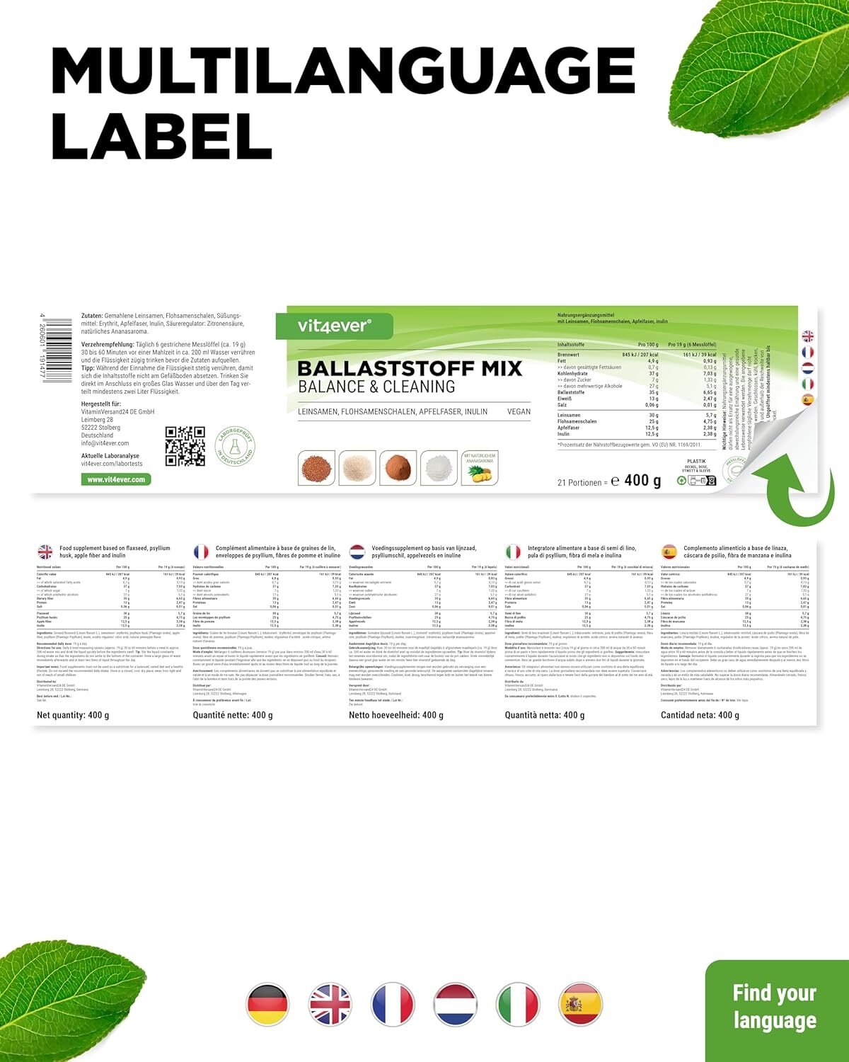 400 g Vit4ever Ballaststoff Kombination – Flohsamenschalen, Inulin & Apfelfasern, vegan, mit Ananas-Aroma