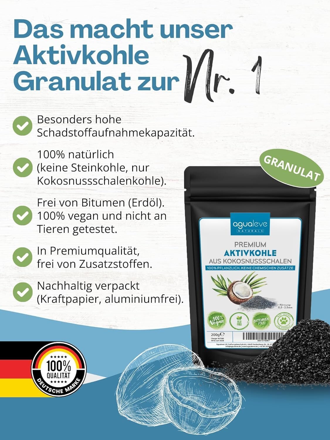 98418593cf7a6ba339d5ed66dc6d1fc8.jpg 200 g AGUALEVE Premium Aktivkohle Granulat – Kokosnuss-Aktivkohle, chemiefrei, 0,5–2,5 mm Körnung, natürlich