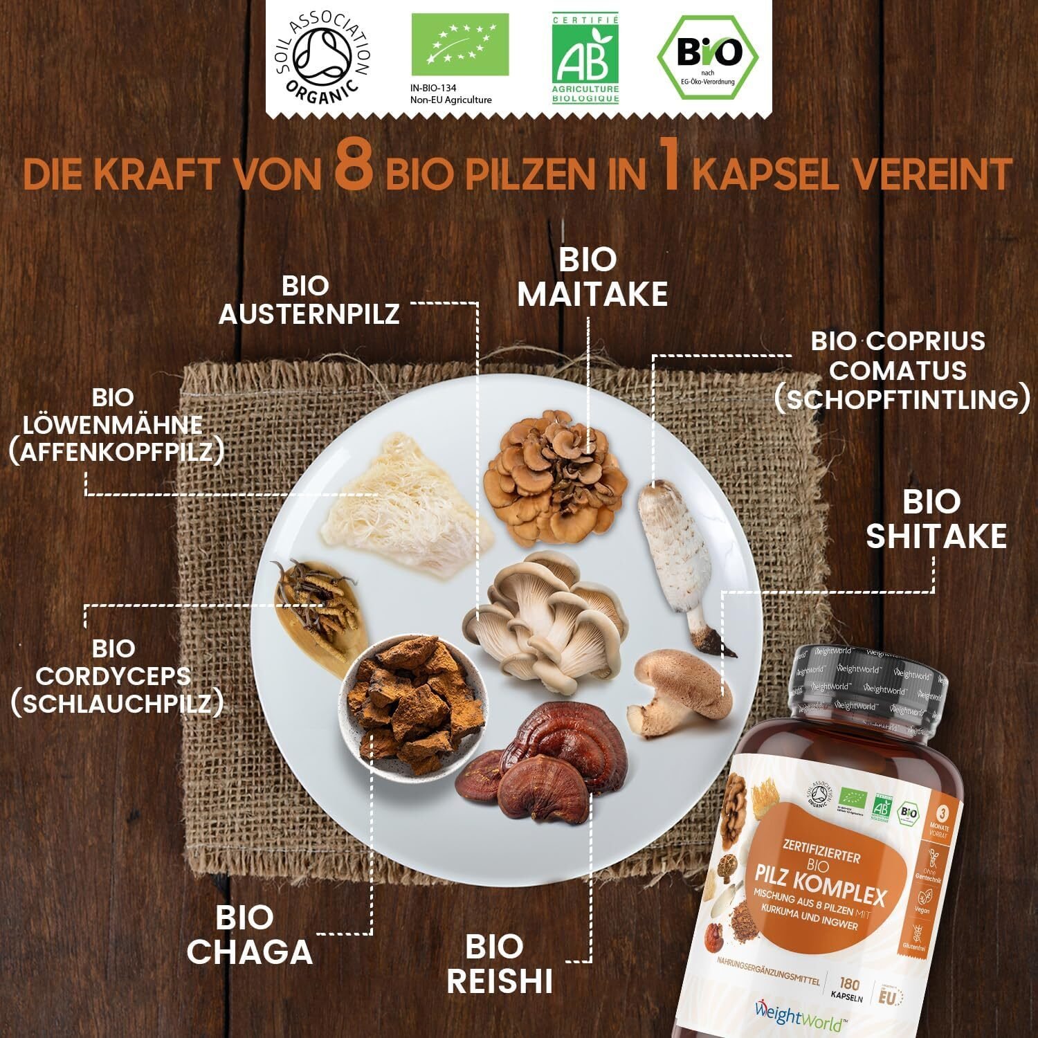 180 Stück WeightWorld BIO Pilz Komplex – 1000 mg, 8 Pilze, hochdosiert, vegan, ohne Zusatzstoffe, laborgeprüft