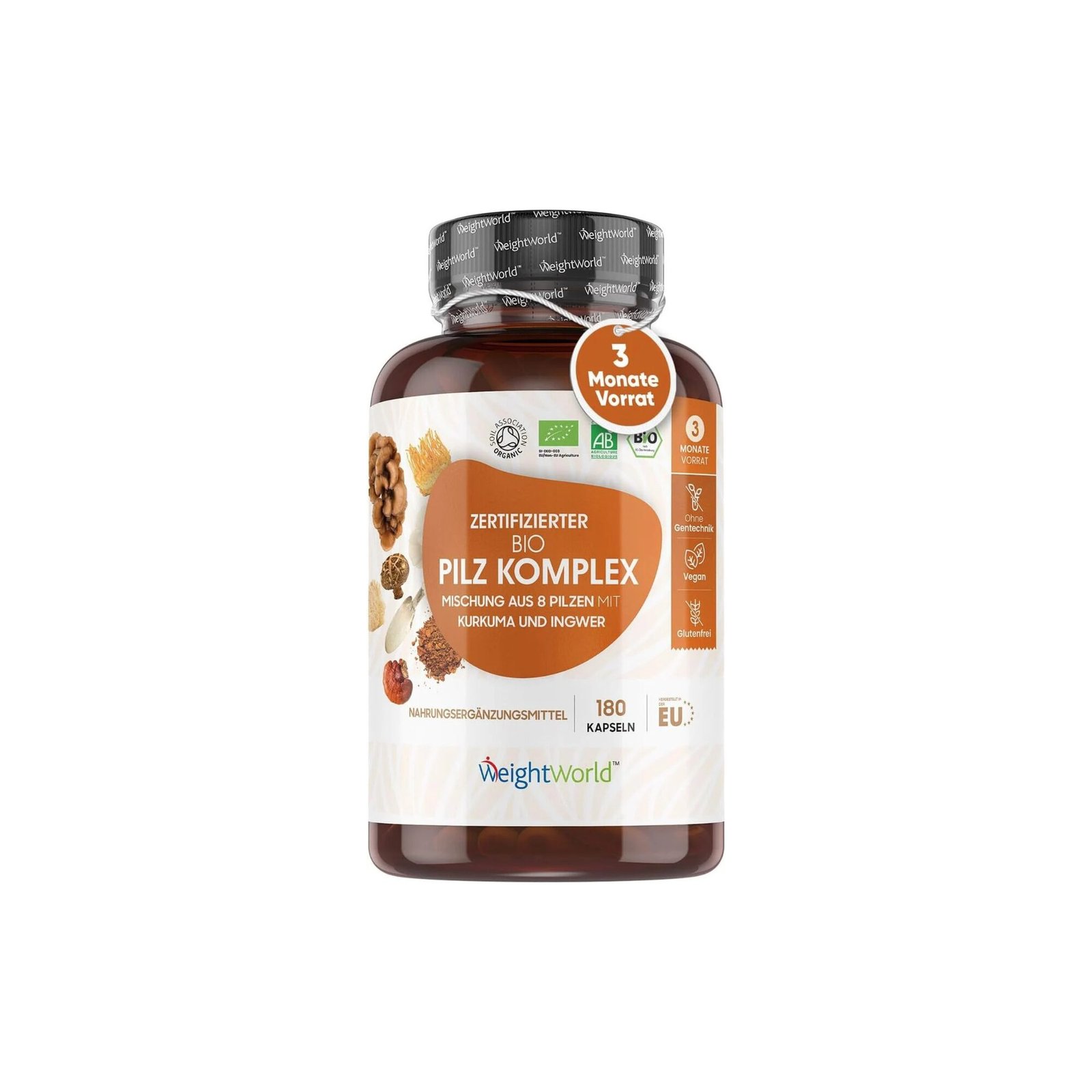 WeightWorld BIO Pilz Komplex – 180 Kapseln, 8 Pilze, 1000 mg, vegan, ohne Zusatzstoffe, laborgeprüft