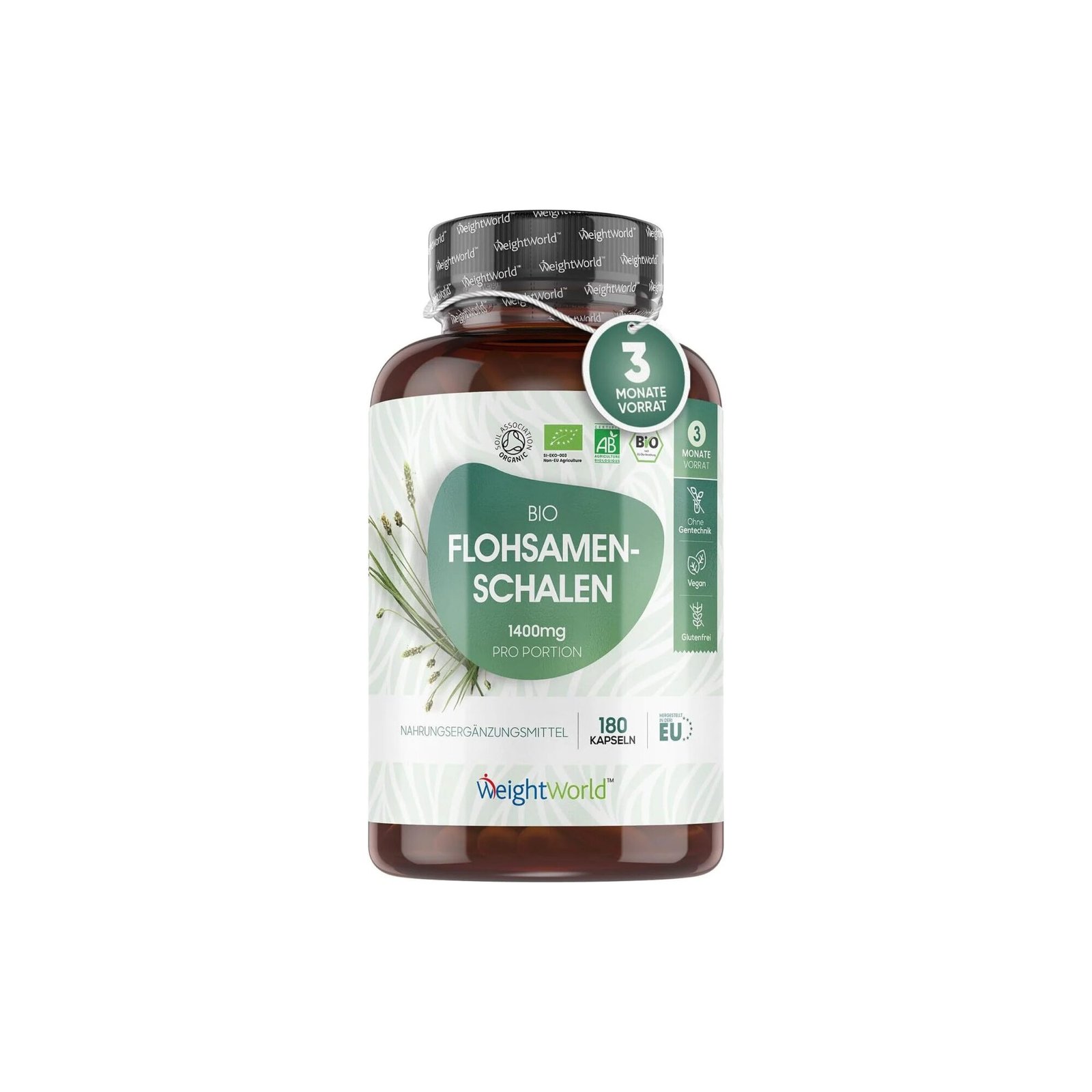 WeightWorld Bio Flohsamenschalen – 180 Kapseln, 1400 mg, ballaststoffreich, vegan, glutenfrei, ohne Zusatzstoffe