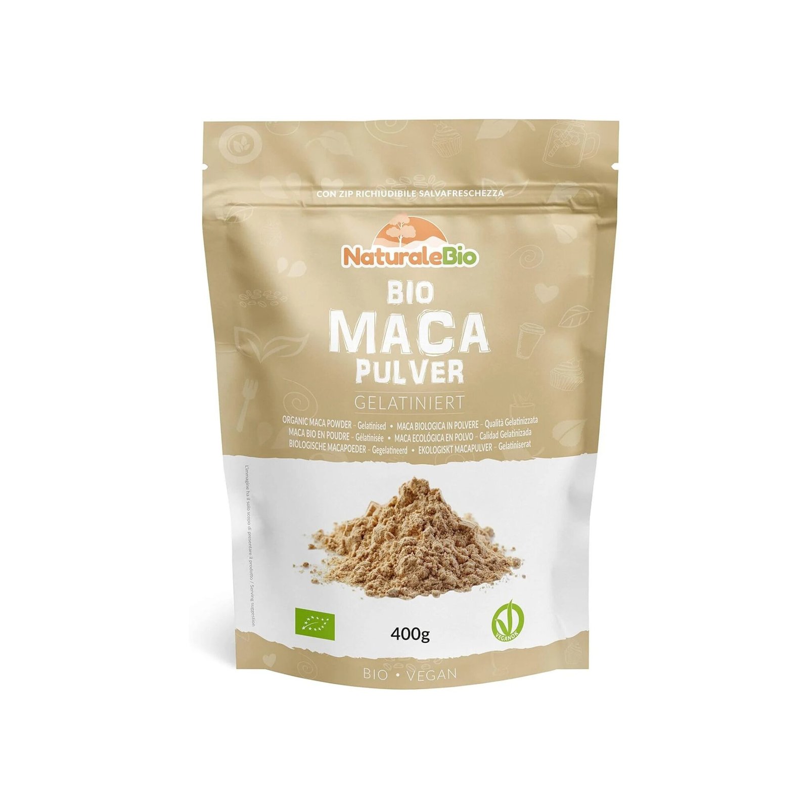 Органичен прах от мака NaturaleBio Bio Maca Pulver – 400 g, gelatinisiert, roh, vegan, aus Peru, glutenfrei, ohne Zusätze