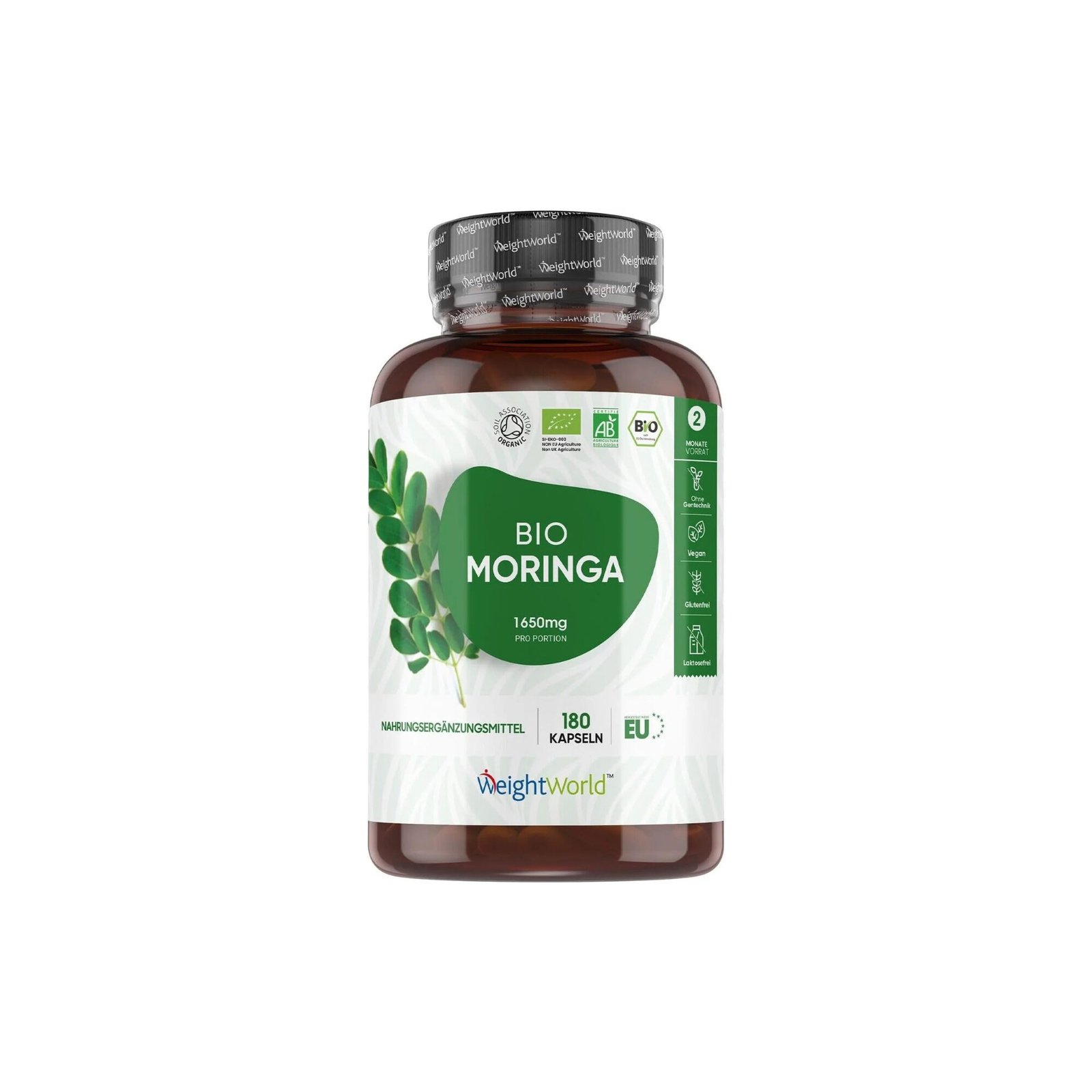 WeightWorld Bio Moringa Kapseln – 180 Stück, 1650 mg, vegan, Bio-Qualität, ohne Zusatzstoffe