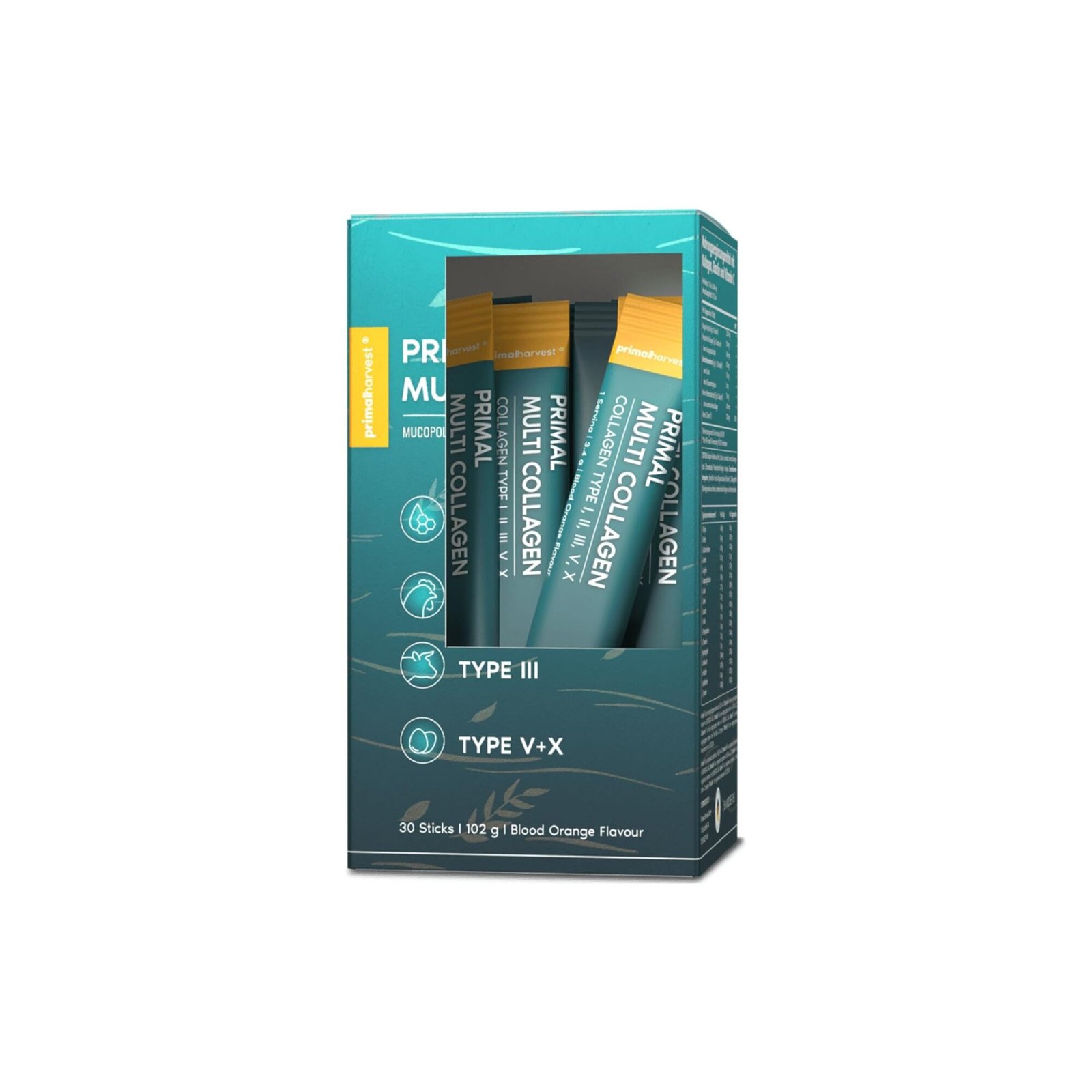 Primal Harvest Multi Collagen Sticks – Kollagenpeptide Typ I, II, III, V & X – 30 Blutorangen-Sticks