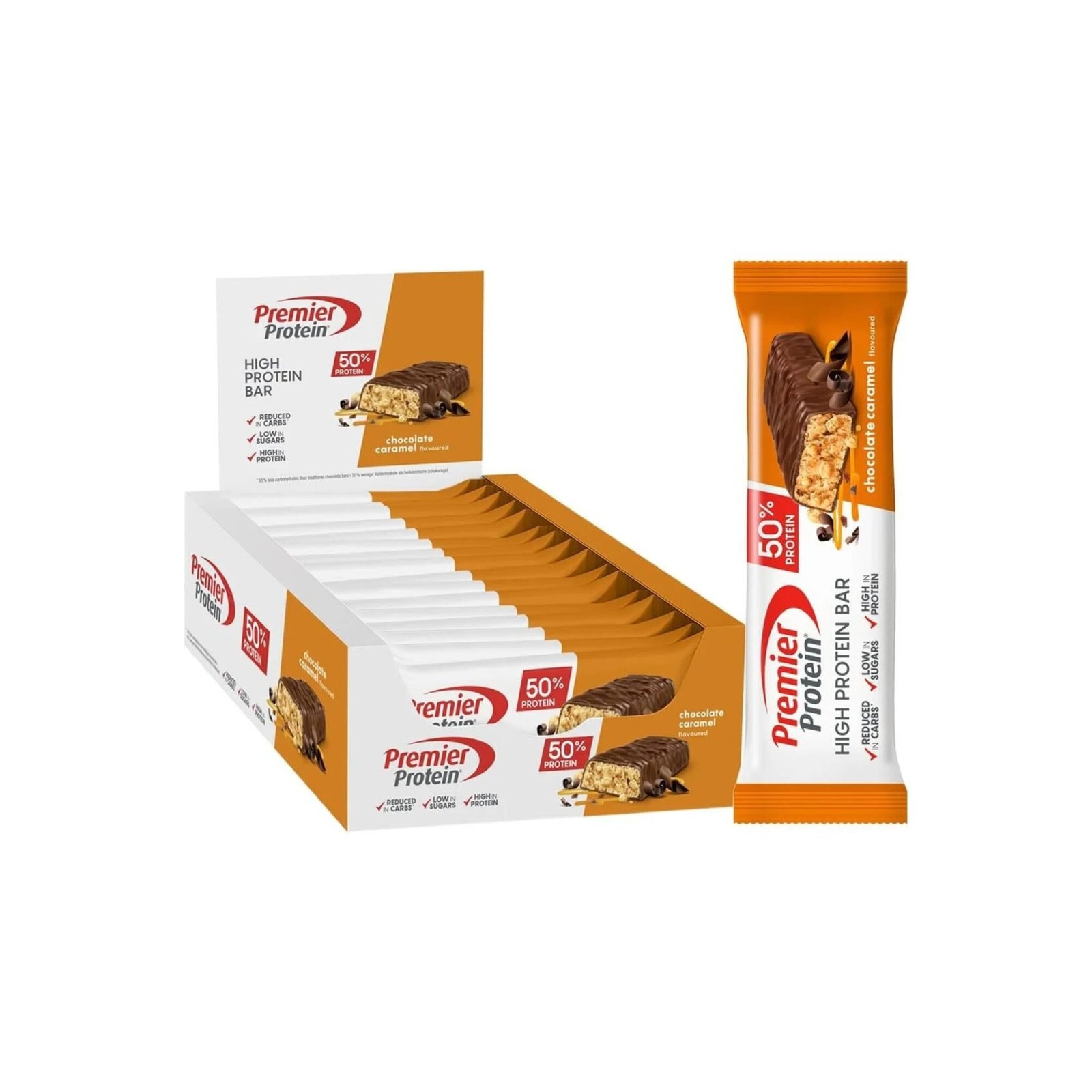 Premier Protein High Protein Bar – Chocolate Caramel, 16×40 g, 50 % Eiweiß, Low Carb