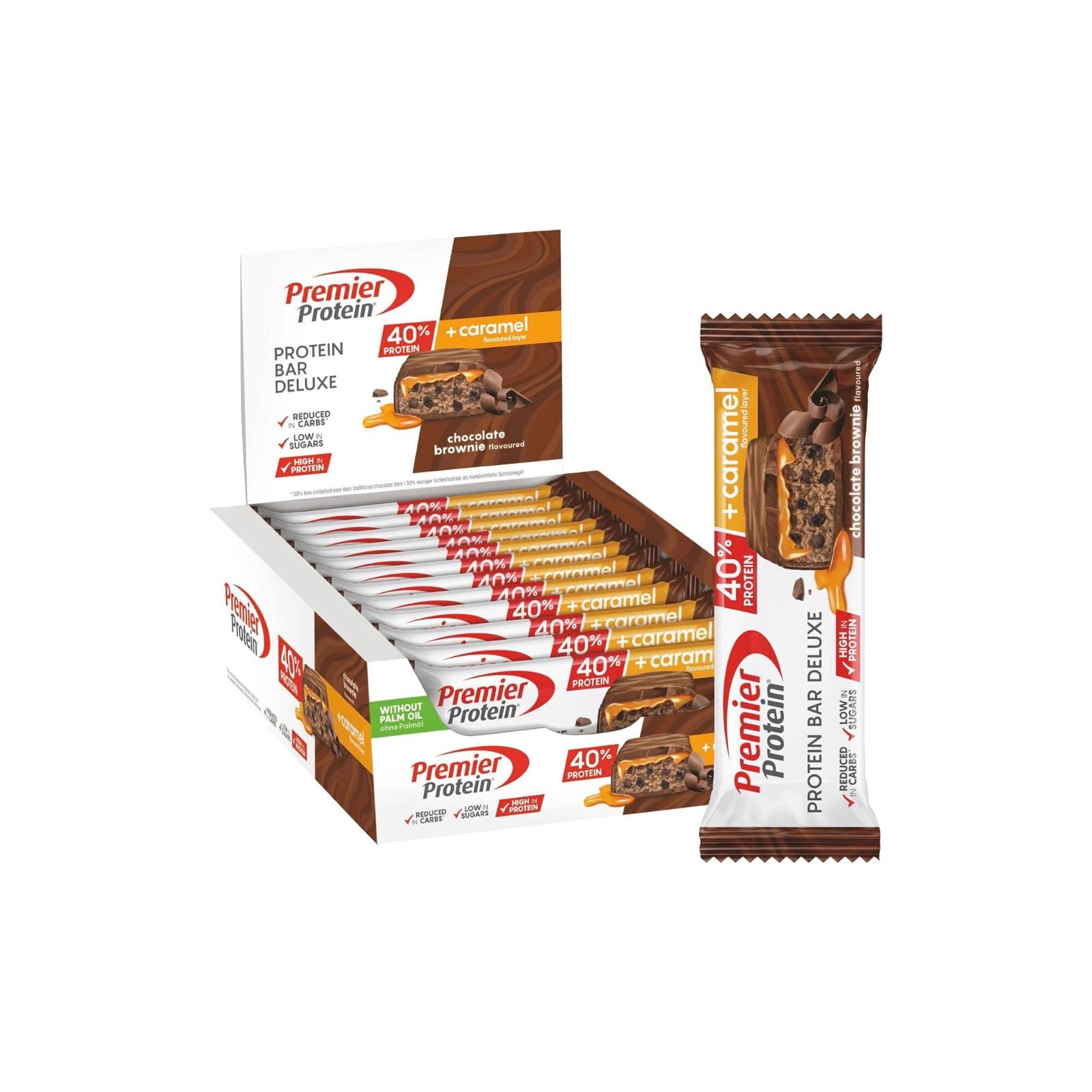 Premier Protein Bar Deluxe 40% – Chocolate Brownie, 12 × 50 g, Low Sugar, High Protein, einzeln verpackt