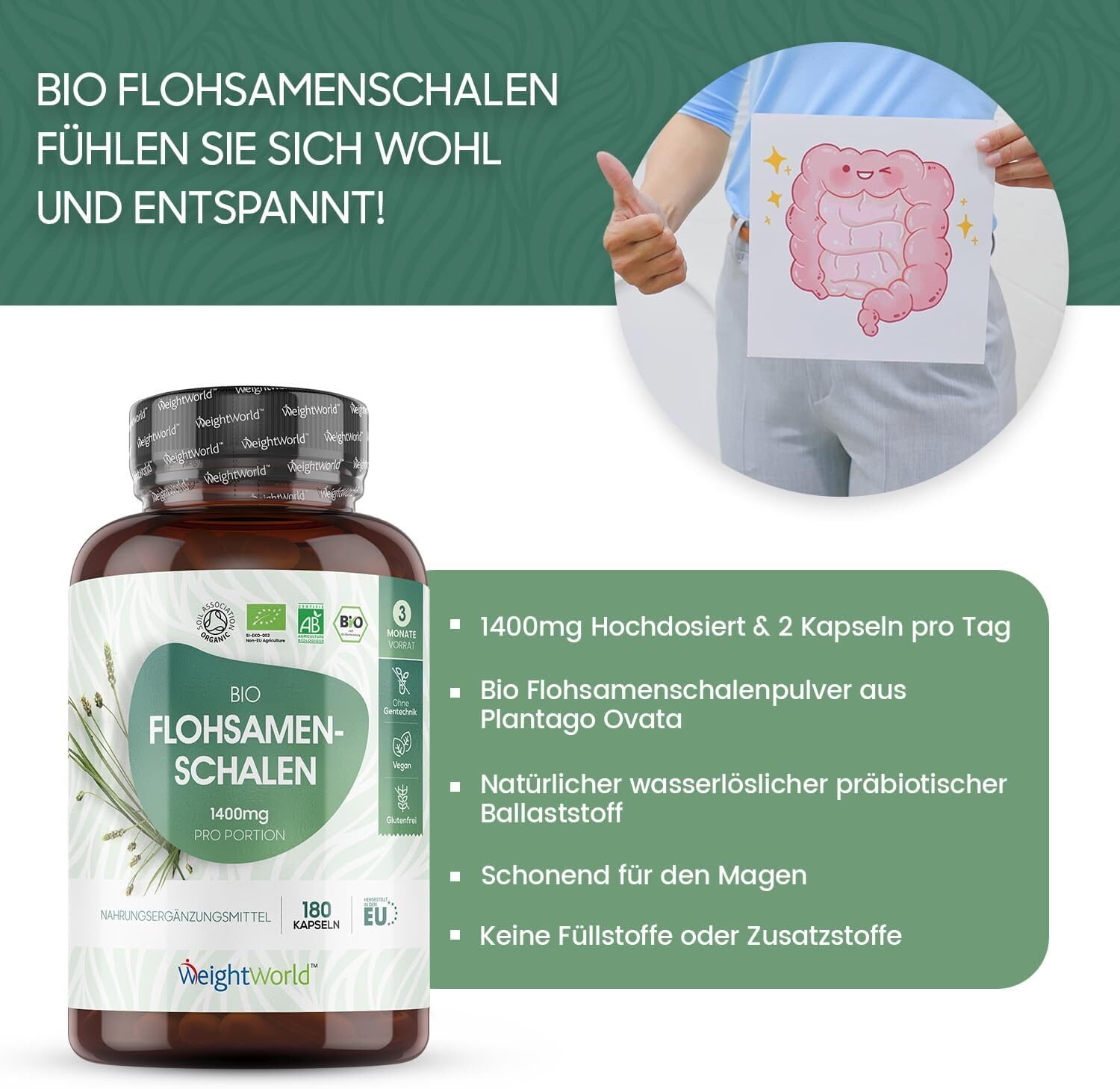 180 Stück WeightWorld Bio Flohsamenschalen 1400 mg – Hochdosiert, vegan, laborgeprüft, glutenfrei & ohne Zusatzstoffe