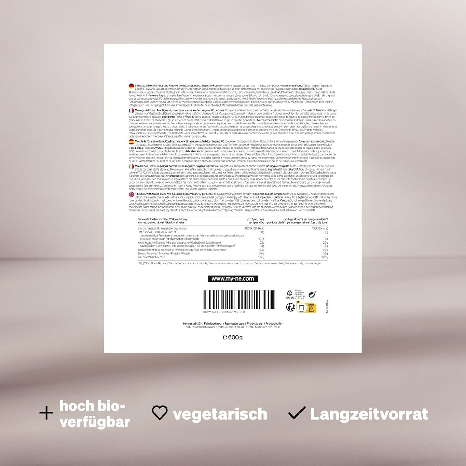 600 g natural elements Ballaststoff Mix – 9 natürliche Quellen, mit Inulin & Akazienfaser, vegan & ohne Zuckerzusatz