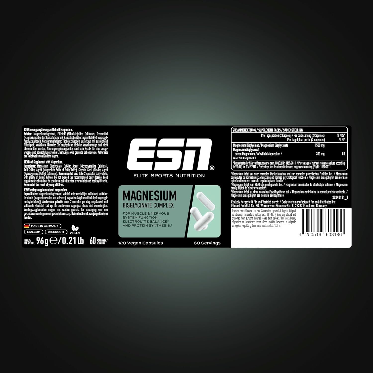 120 Kapseln ESN Magnesium Caps – 300 mg Magnesium, Bisglycinat, vegan, made in Germany