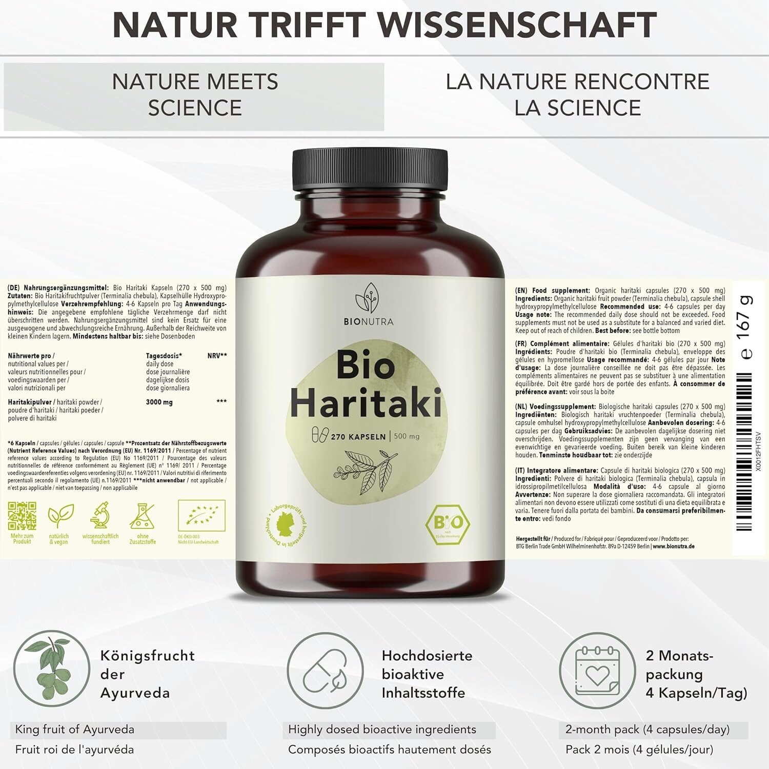 270 Stück BIONUTRA BIO Haritaki Kapseln 3.000 mg – Hochdosiert, vegan, rückstandskontrolliert, ohne Zusätze