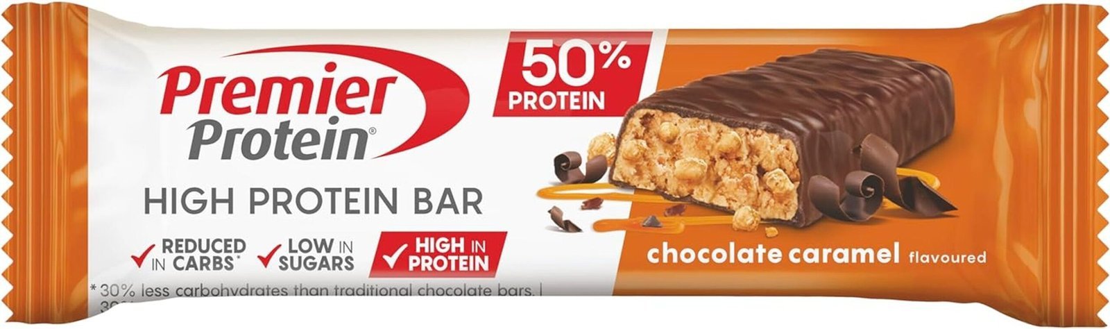 16×40 g Premier Protein High Protein Bar – Chocolate Caramel, 50 % Protein, Low Carb, ohne Palmöl
