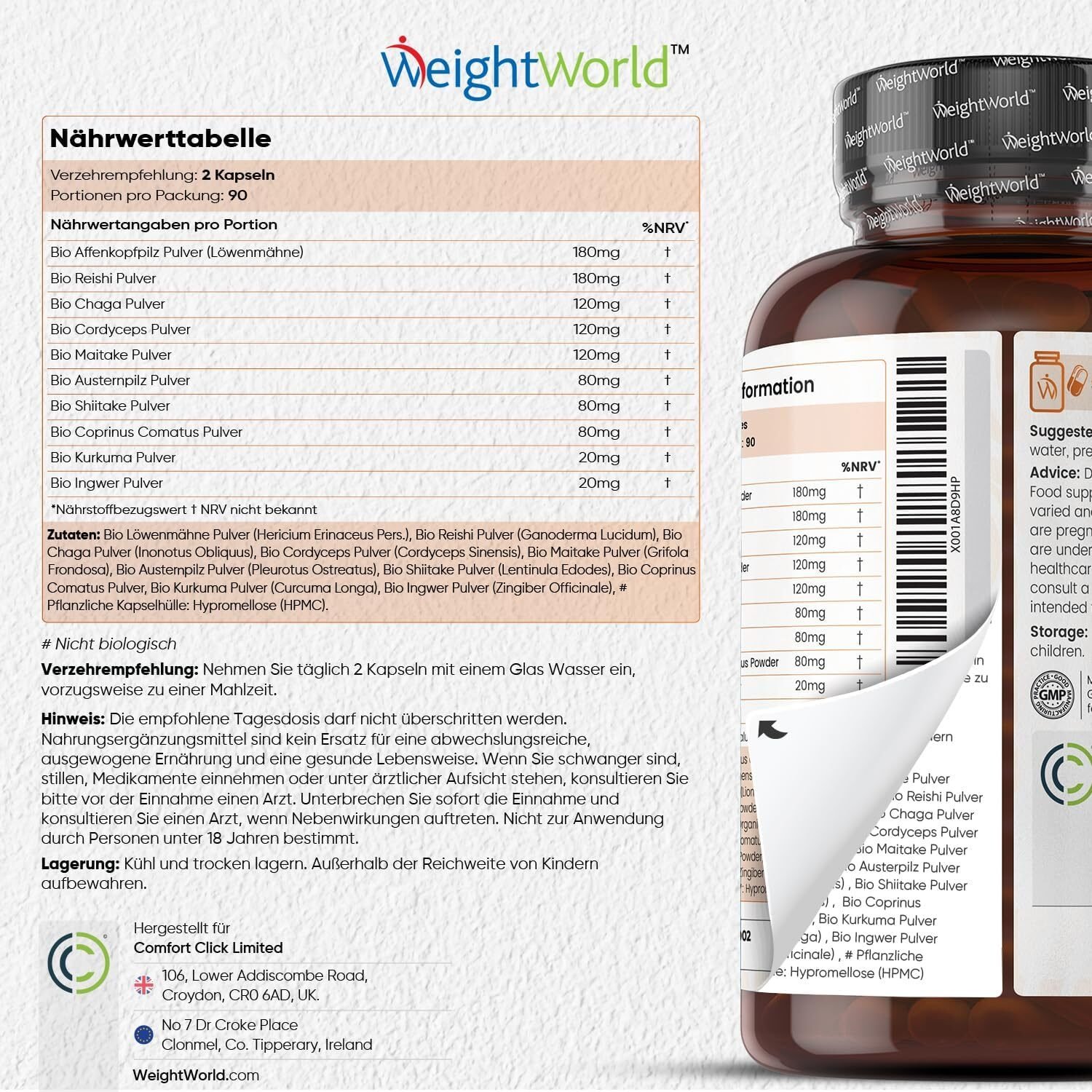 180 Stück WeightWorld BIO Pilz Komplex – 1000 mg, 8 Pilze, hochdosiert, vegan, ohne Zusatzstoffe, laborgeprüft