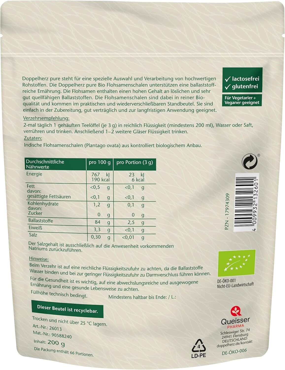 200 g Doppelherz pure Bio Flohsamenschalen – 100 % rein, vegan, geschmacksneutral, ohne Zusatzstoffe, Bio-zertifiziert