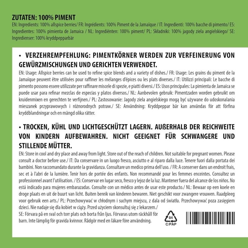 250 g Pimentkörner ganz getrocknet zum Kochen und Einlegen - Alpi Nature
