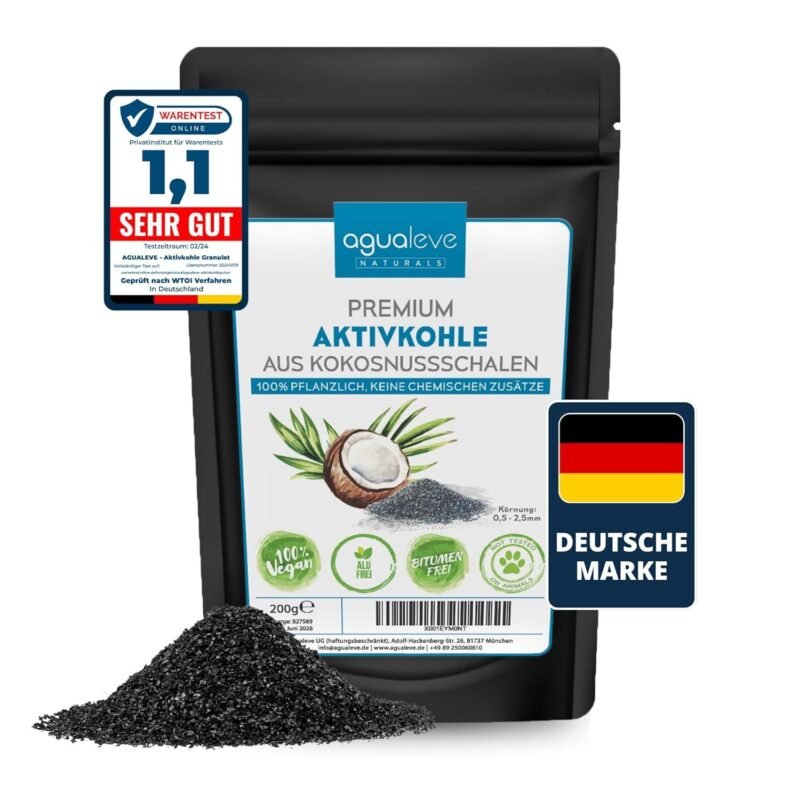 AGUALEVE Premium Aktivkohle Granulat – 200 g, Kokosnuss, 0,5–2,5 mm Körnung, natürlich, chemiefrei