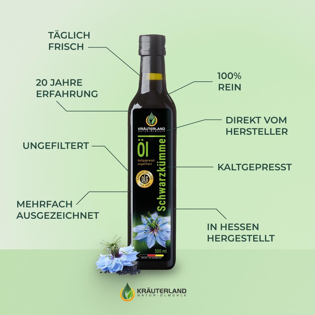 500 ml Kräuterland Schwarzkümmelöl - Ungefiltert & Naturrein - Reich an Omega 3-6-9