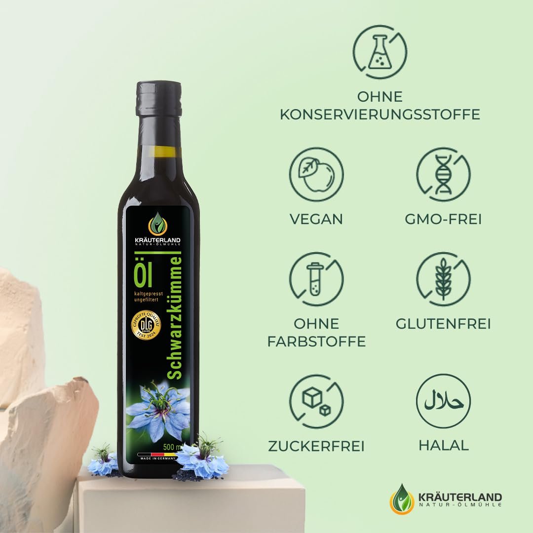 500 ml Kräuterland Schwarzkümmelöl - Ungefiltert & Naturrein - Reich an Omega 3-6-9