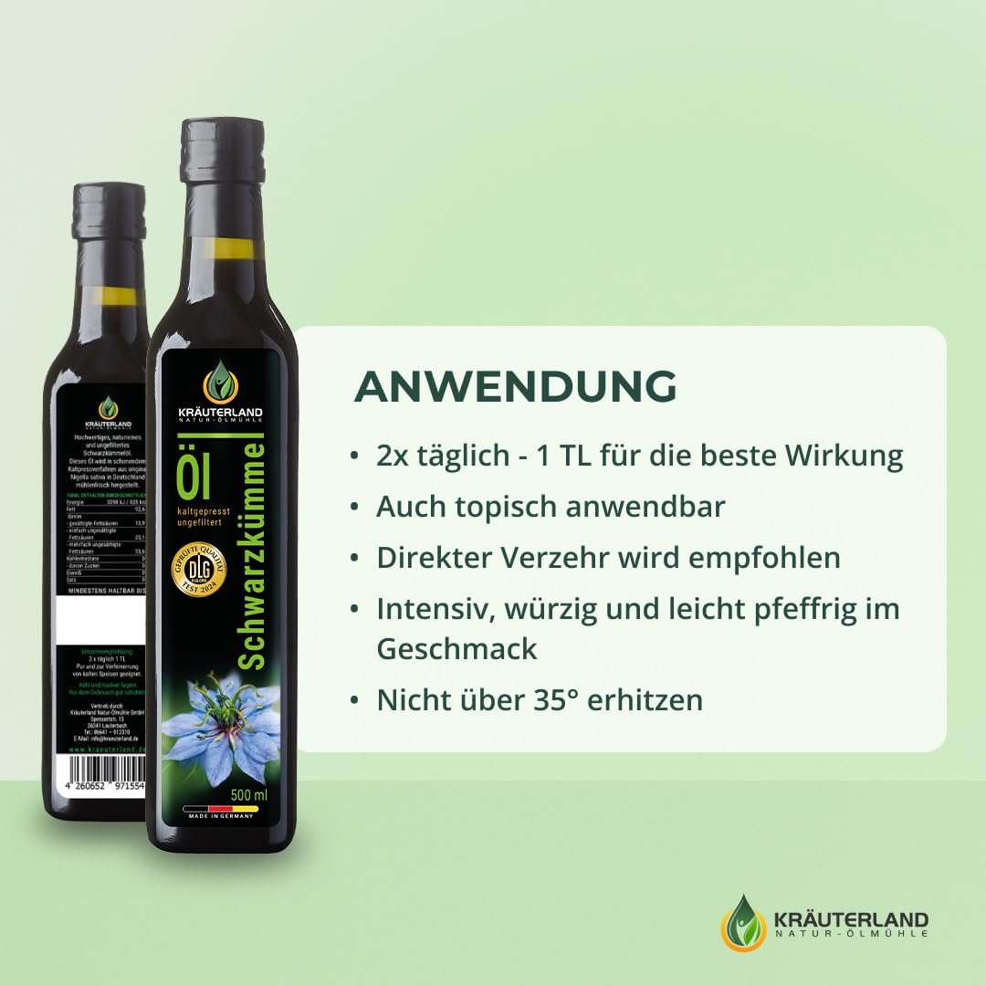 500 ml Kräuterland Schwarzkümmelöl - Ungefiltert & Naturrein - Reich an Omega 3-6-9