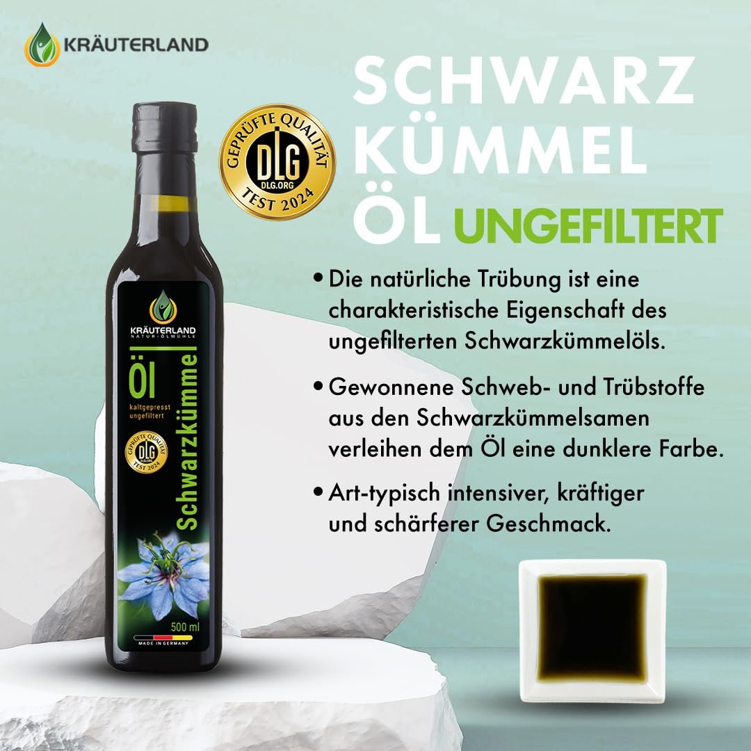 500 ml Kräuterland Schwarzkümmelöl - Ungefiltert & Naturrein - Reich an Omega 3-6-9