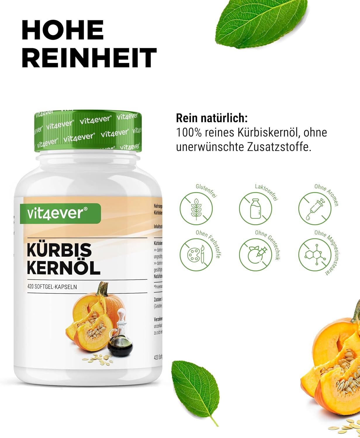 Vit4ever Kürbiskernöl Kapseln – 420 Stück – 3000 mg kaltgepresst – Vegan & laborgeprüft