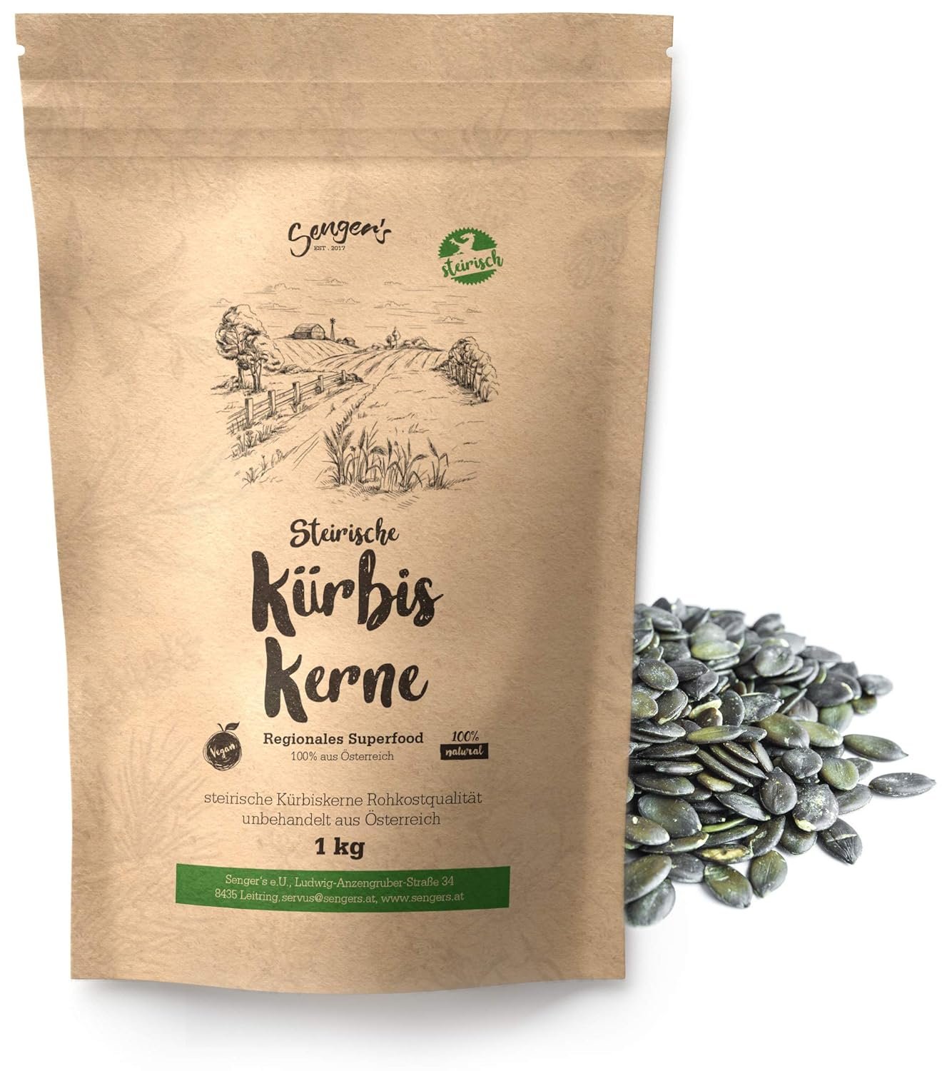 Senger's Steirische Kürbiskerne 1kg – geschälte, naturbelassene Rohkostkerne aus Österreich