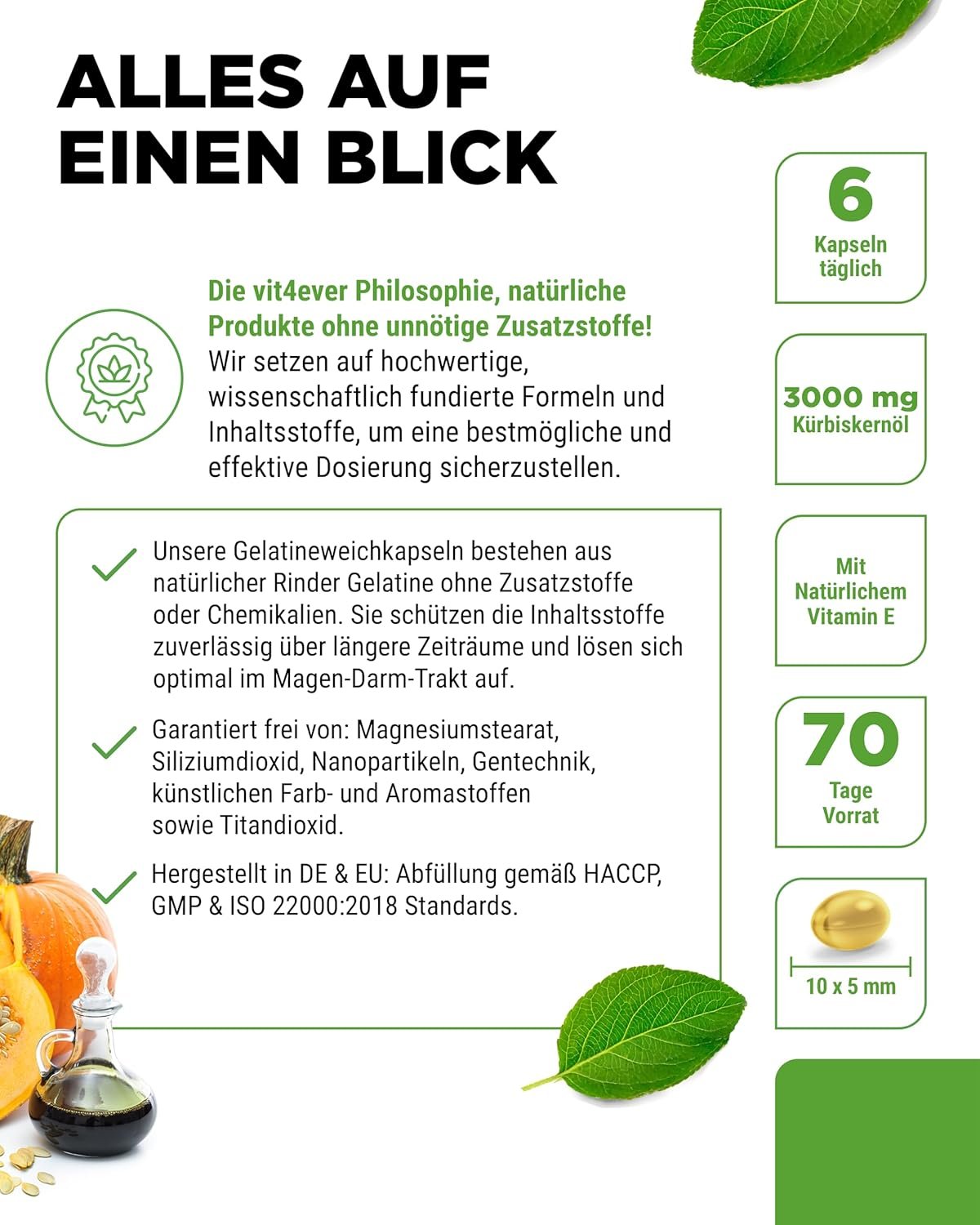 Vit4ever Kürbiskernöl Kapseln – 420 Stück – 3000 mg kaltgepresst – Vegan & laborgeprüft