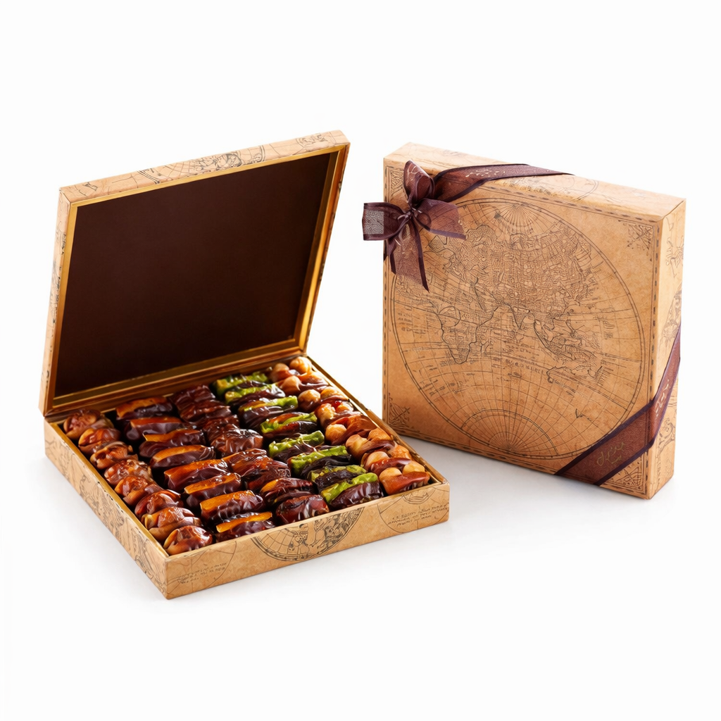 Weltkarten Geschenkset mit gefüllten Datteln