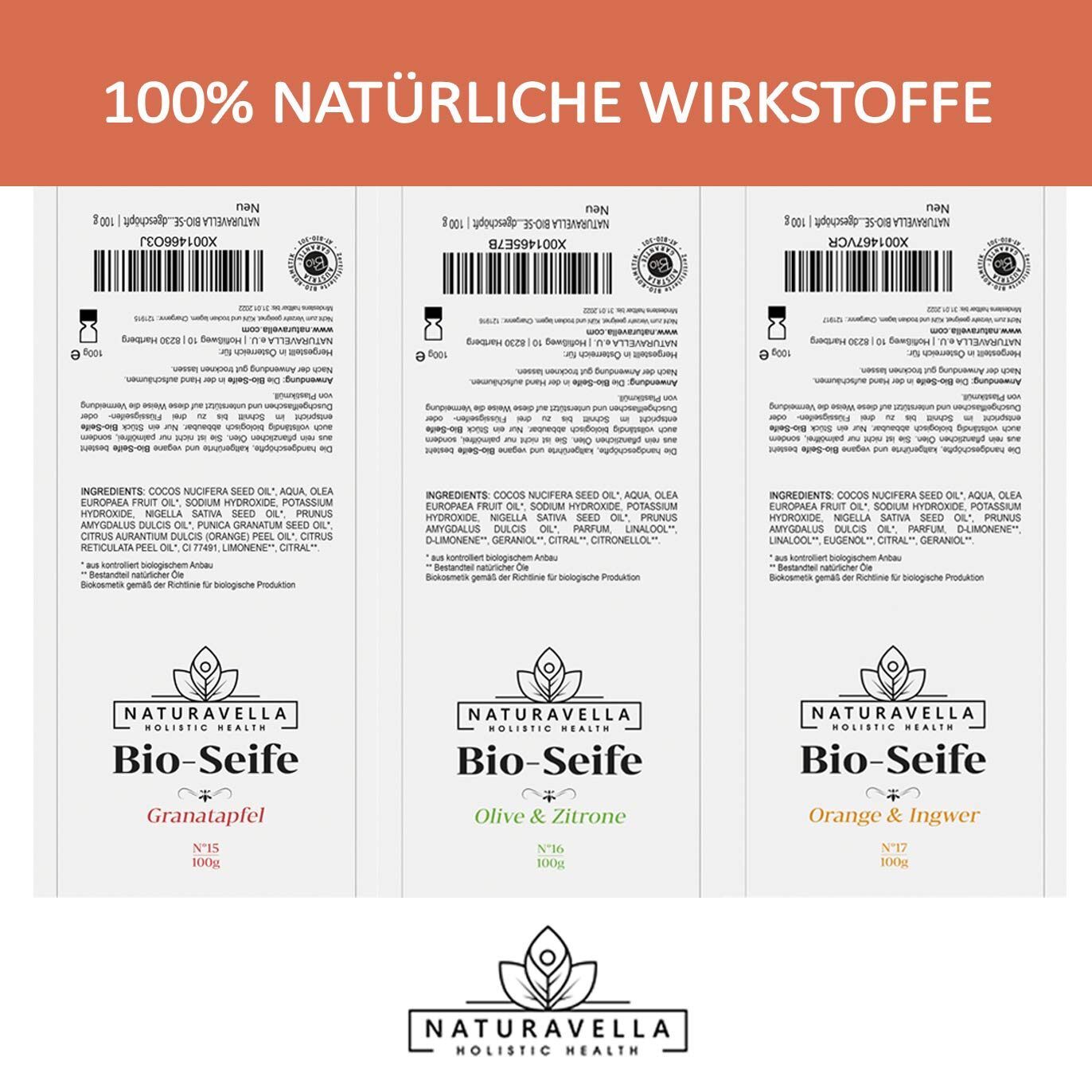 3×100g Bio Seife Set für Haut und Haar – Naturseife als Duschseife, Haarseife & Geschenkset | NATURAVELLA