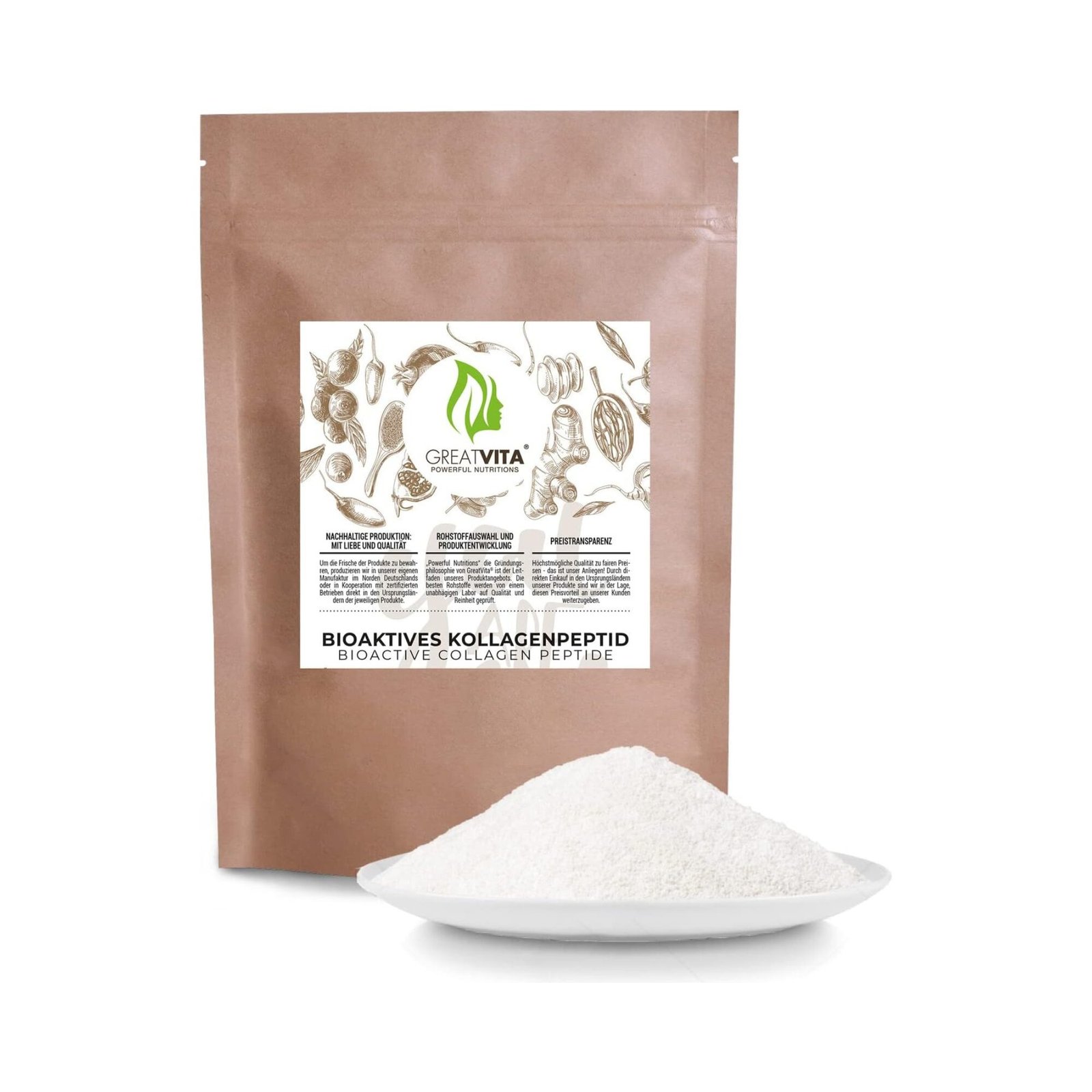 400 g de poudre de collagène bioactif GreatVita, peptides hydrolysés, sans goût 400g GreatVita bioaktives kollagen pulver, Hydrolysat Peptide, geschmacksneutral