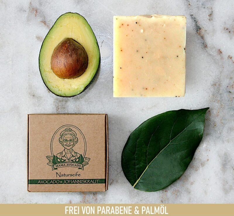 95g Avocado Seife für Haut und Haar – Handgemachte Naturseife mit Johanniskraut, vegan & palmölfrei | MAMA AVOCADO
